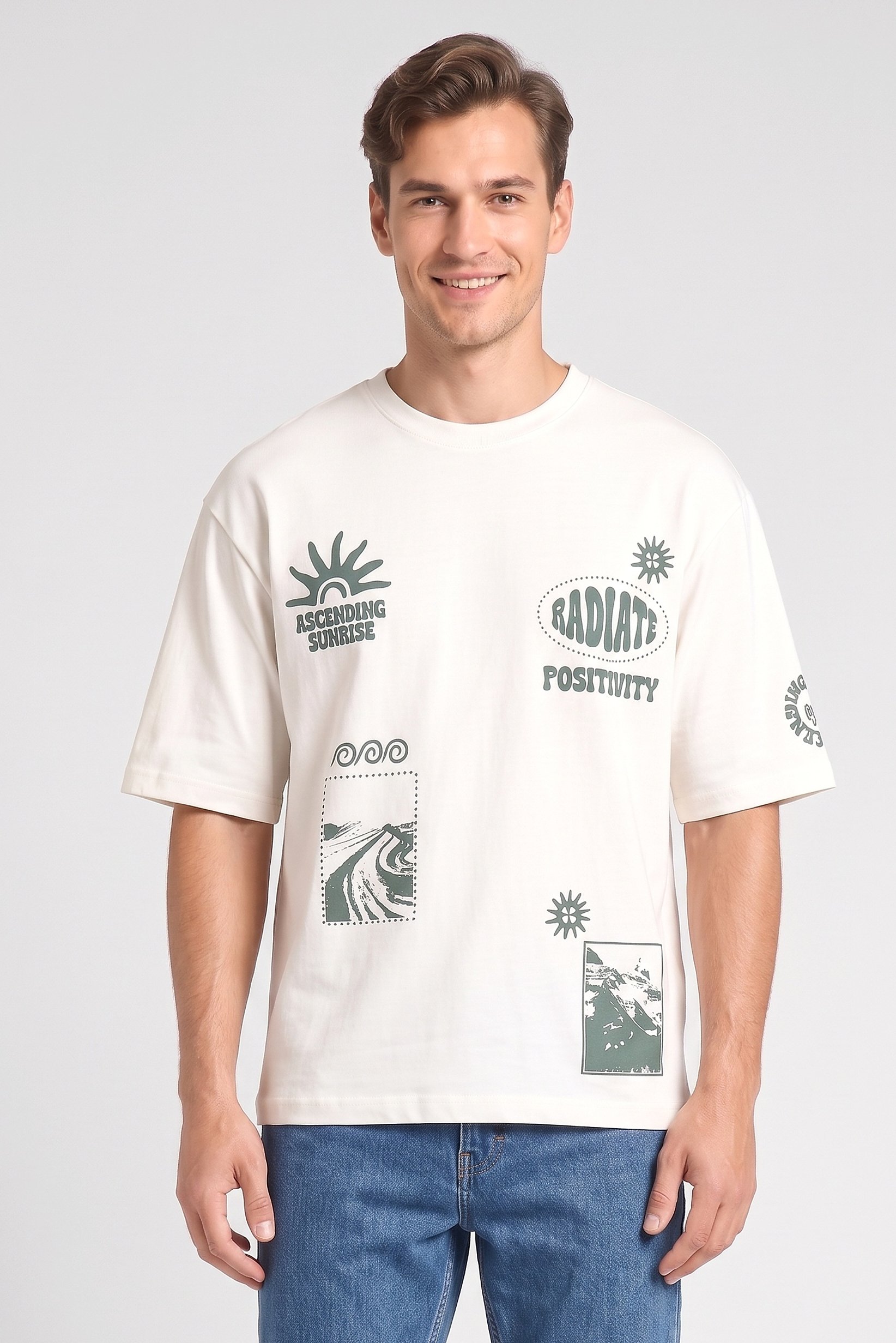 Men Crew Neck Short Sleeve Graphic Print T-Shirt, Off White