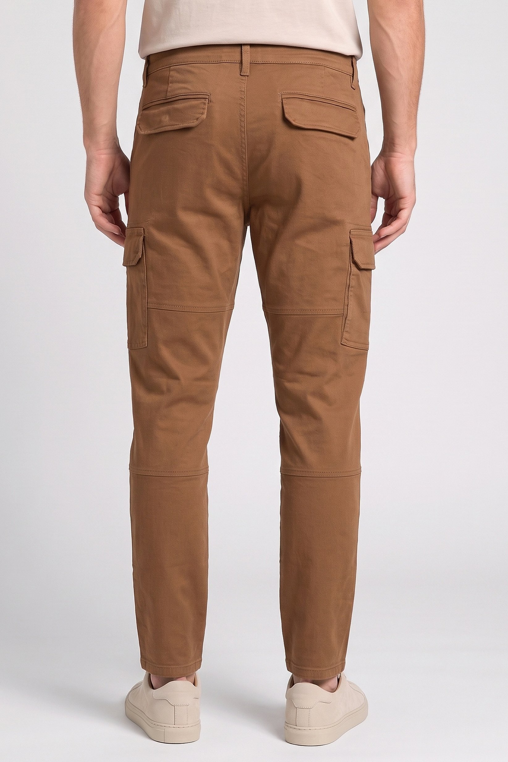 Men Stretch Fit Solid Cargo Pants, Brown