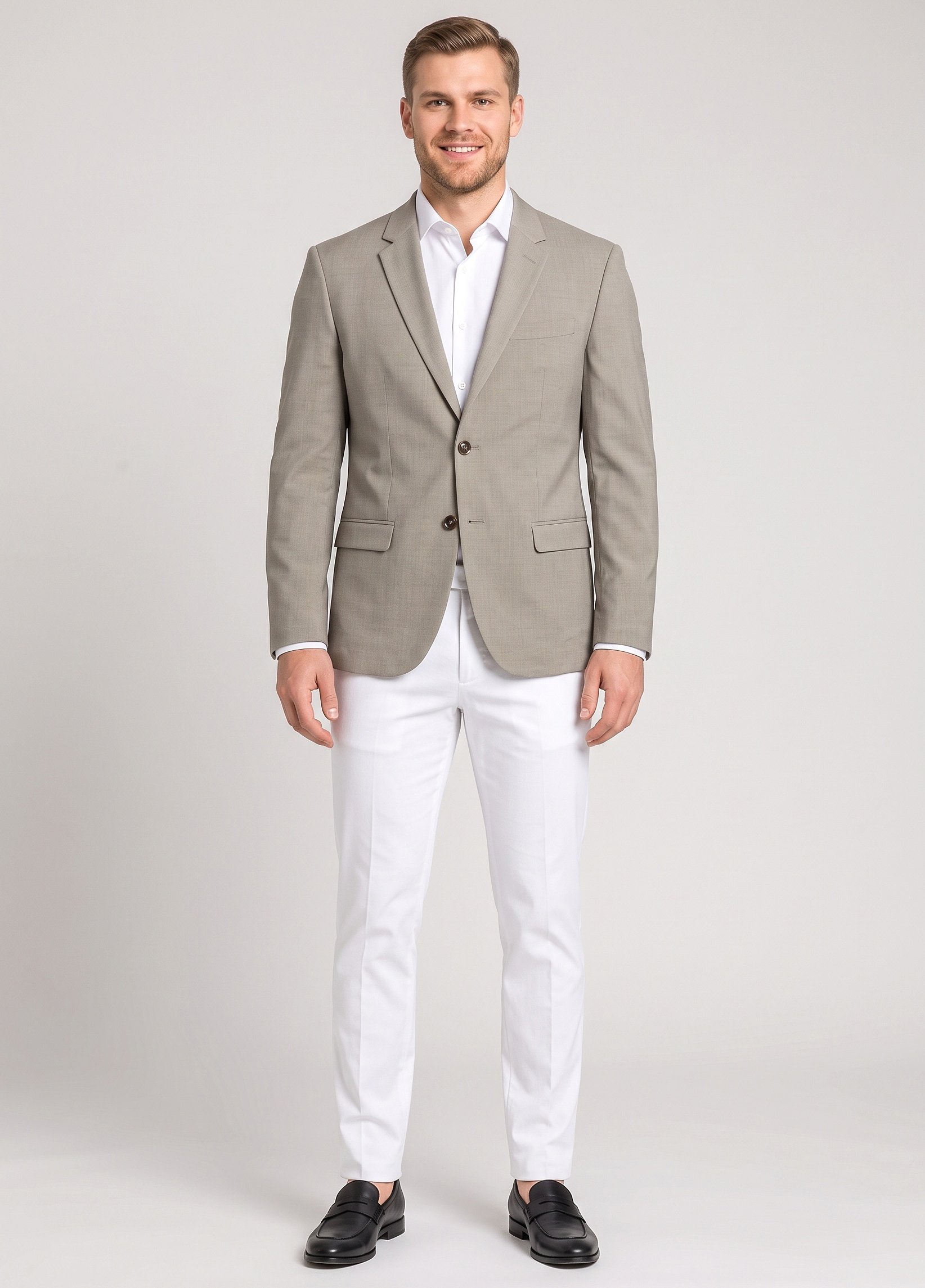 Men Slim Fit Chambray Formal Blazer, Beige