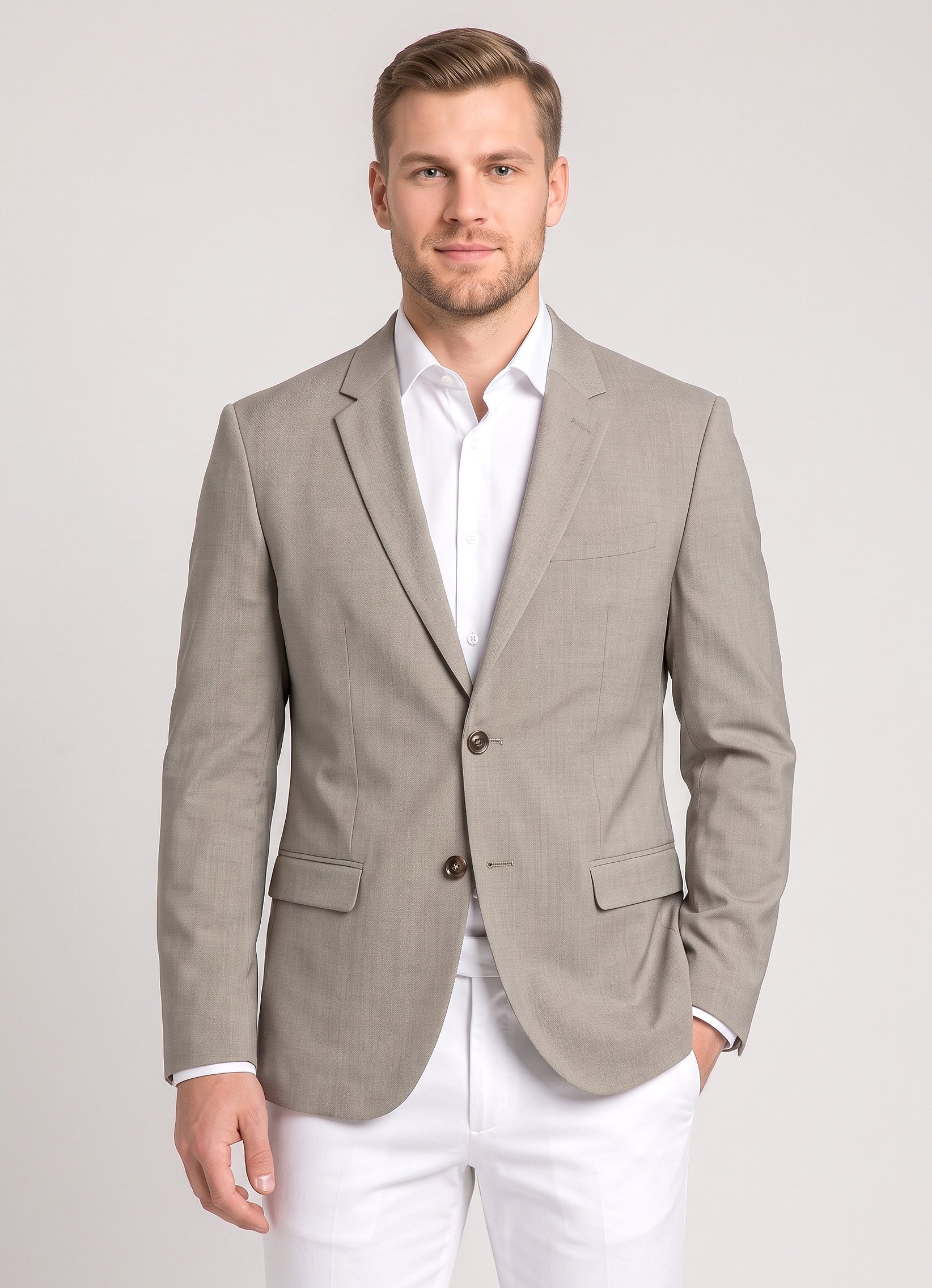 Men Slim Fit Chambray Formal Blazer, Beige