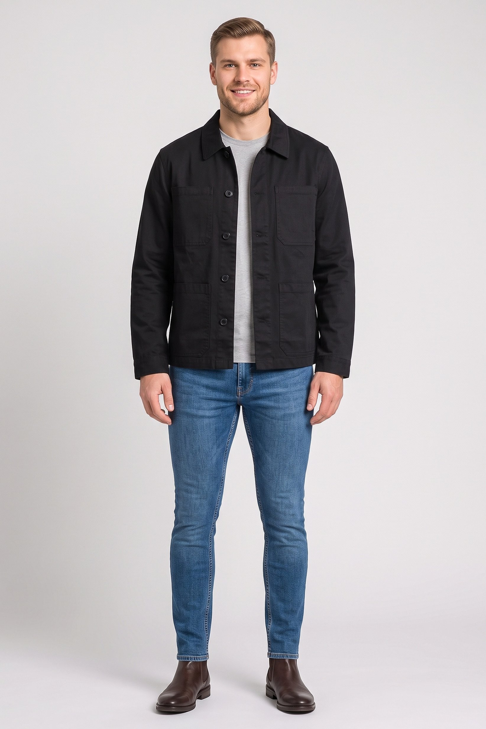 Men Regular Fit Plain long Sleeve Jacket Shirt, Black
