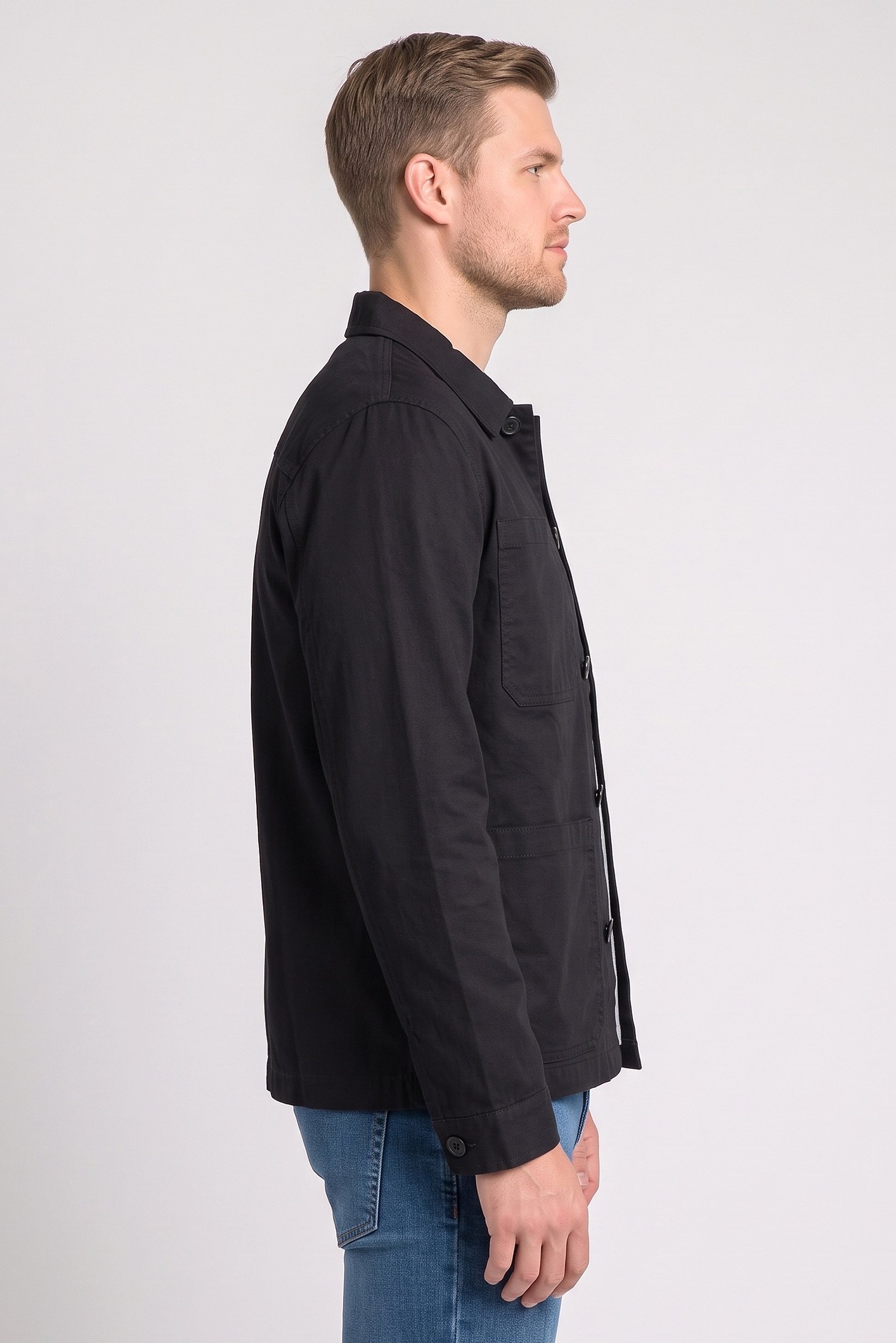 Men Regular Fit Plain long Sleeve Jacket Shirt, Black