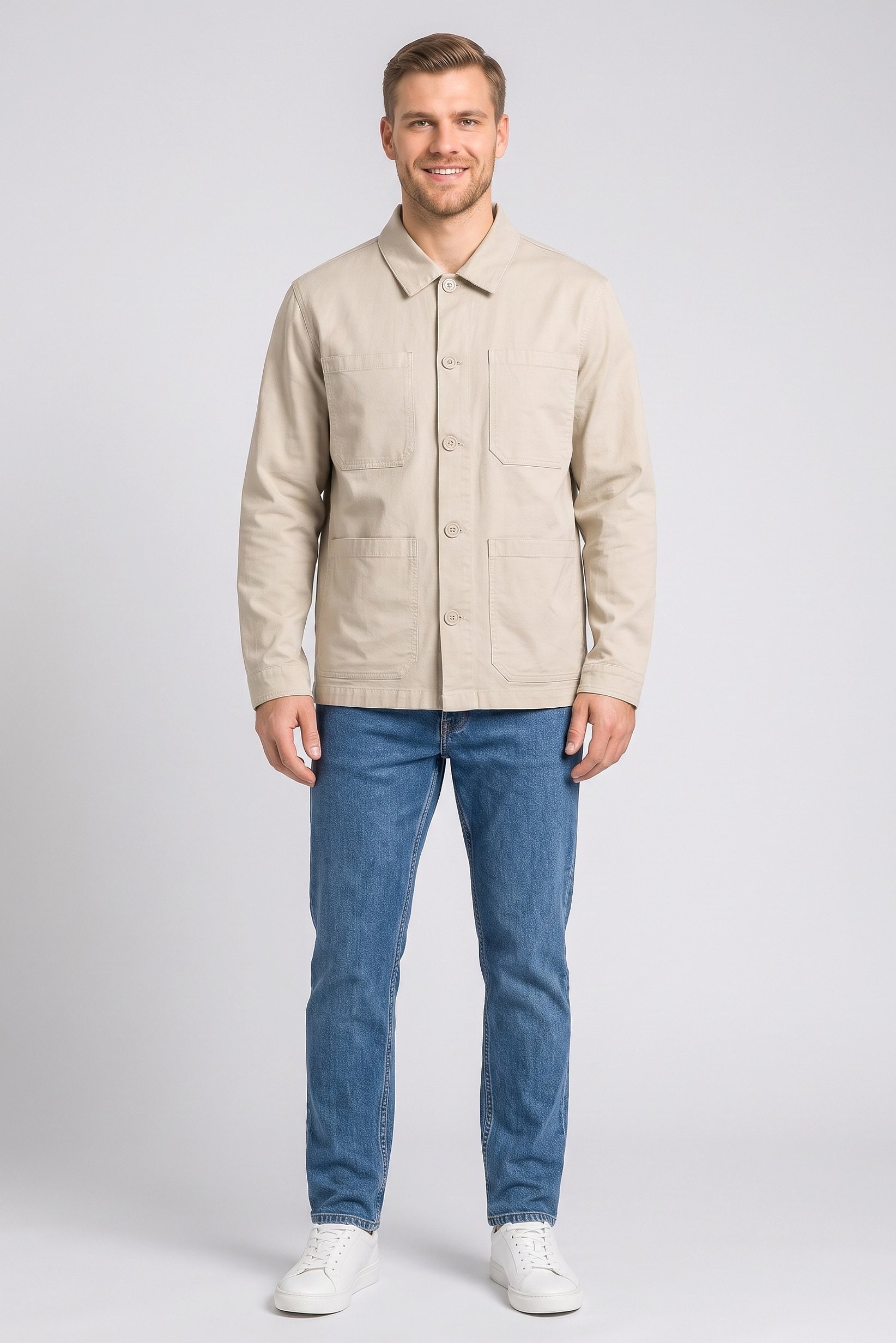 Men Solid Jacket Shirt, Beige