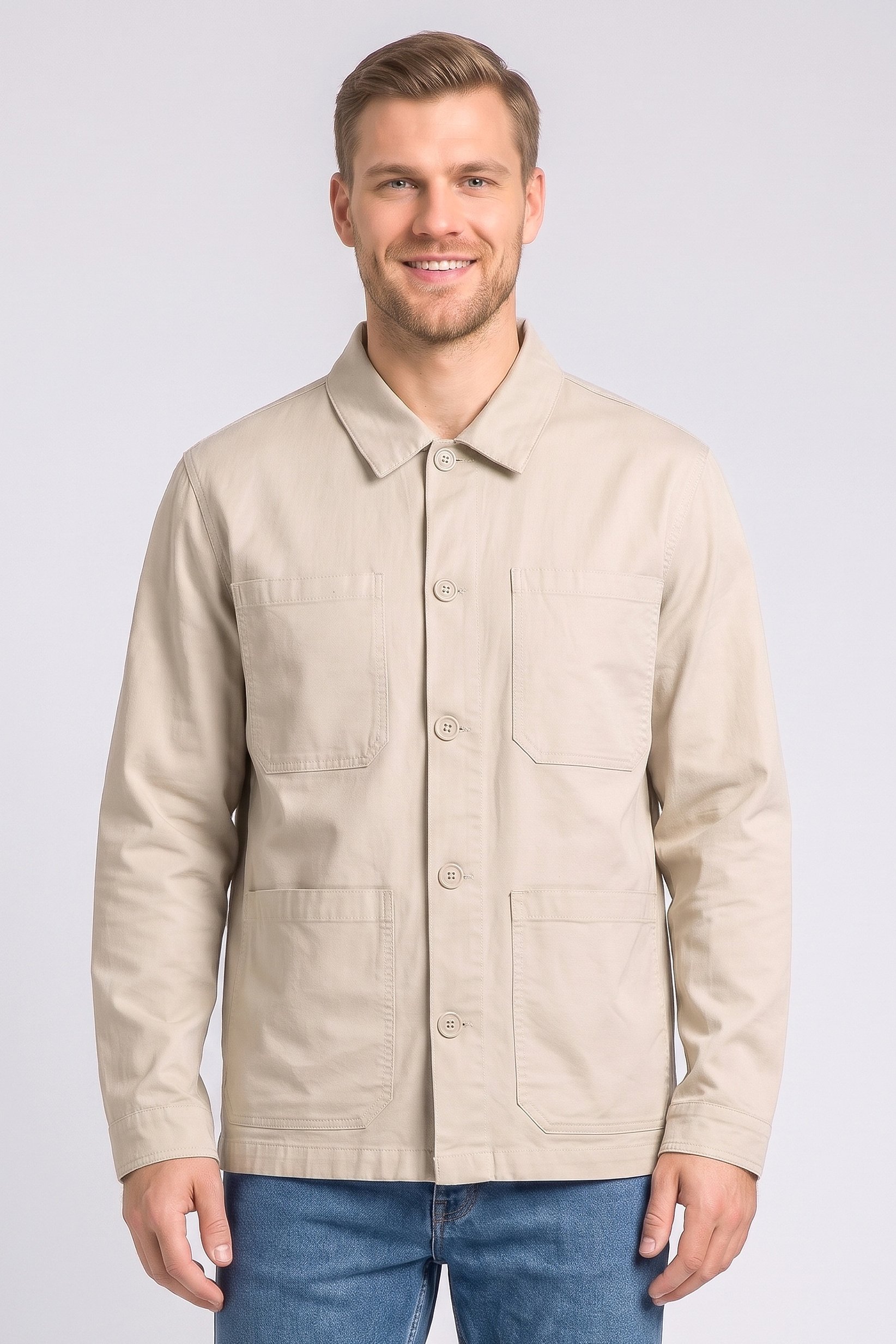 Men Solid Jacket Shirt, Beige