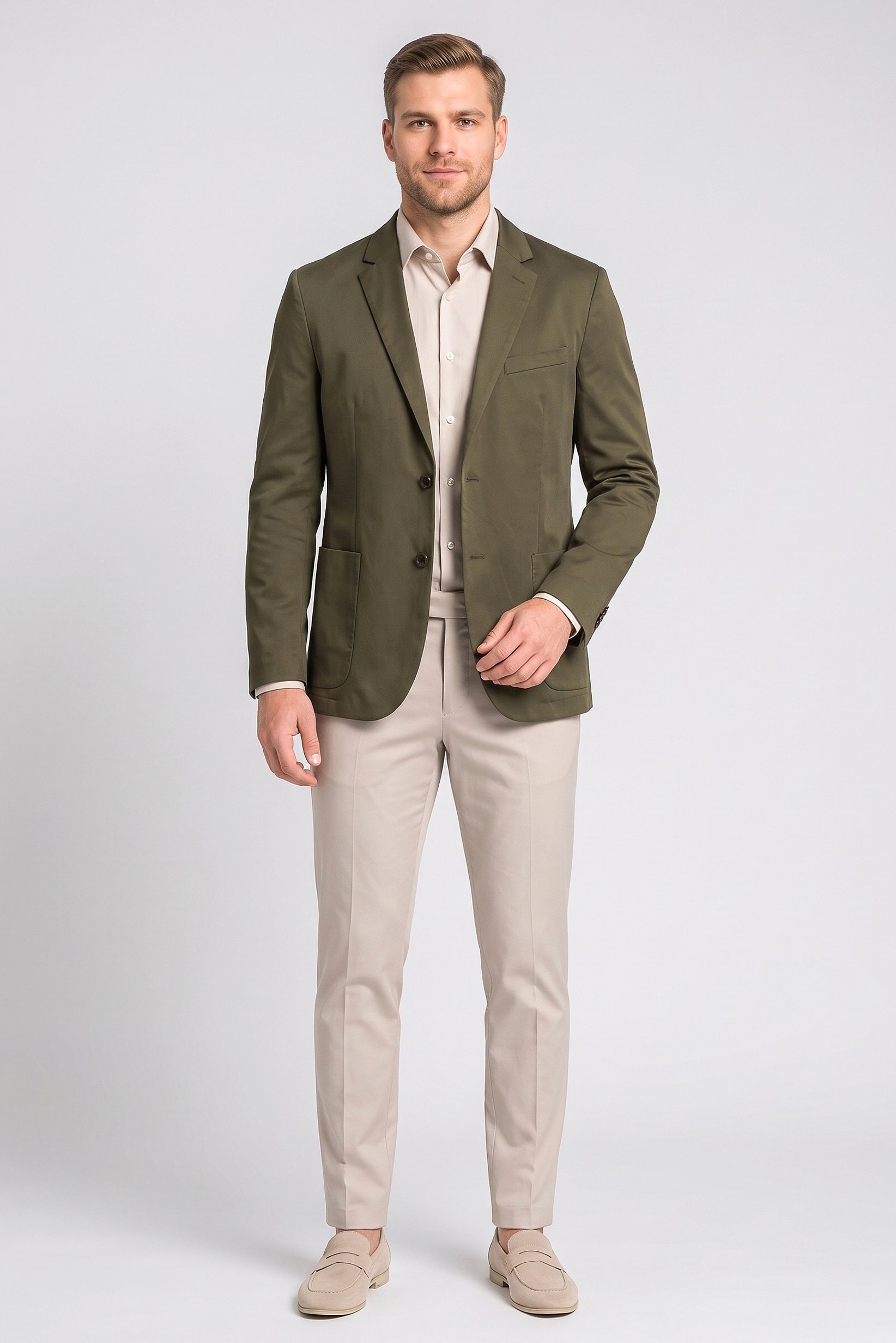 Men Slim Fit Long Sleeve Plain Casual Blazer Jacket, Olive