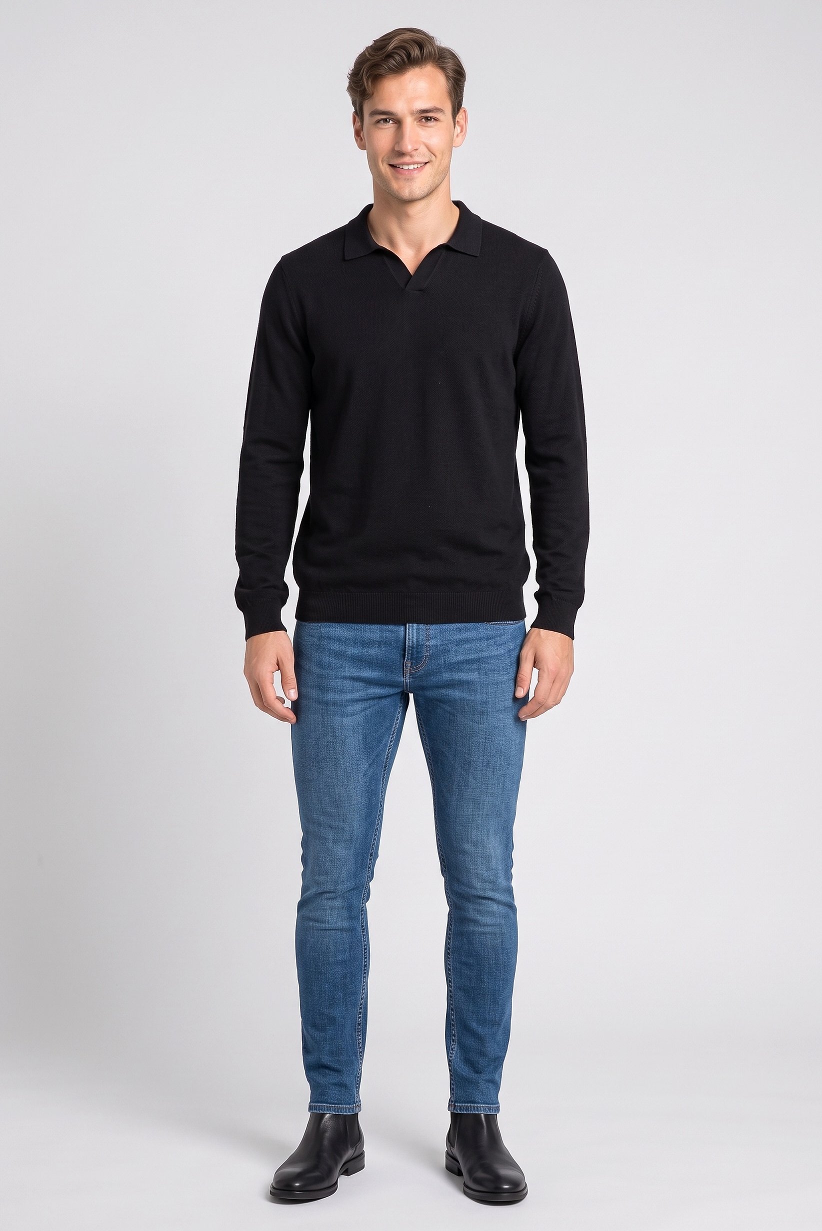 Men Spread Collar Textured Sweater, Black