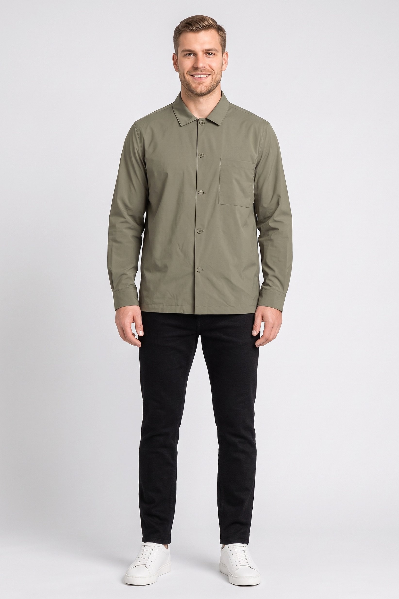 Men Regular Fit Long Sleeve Plain Casual Shirt, Olive