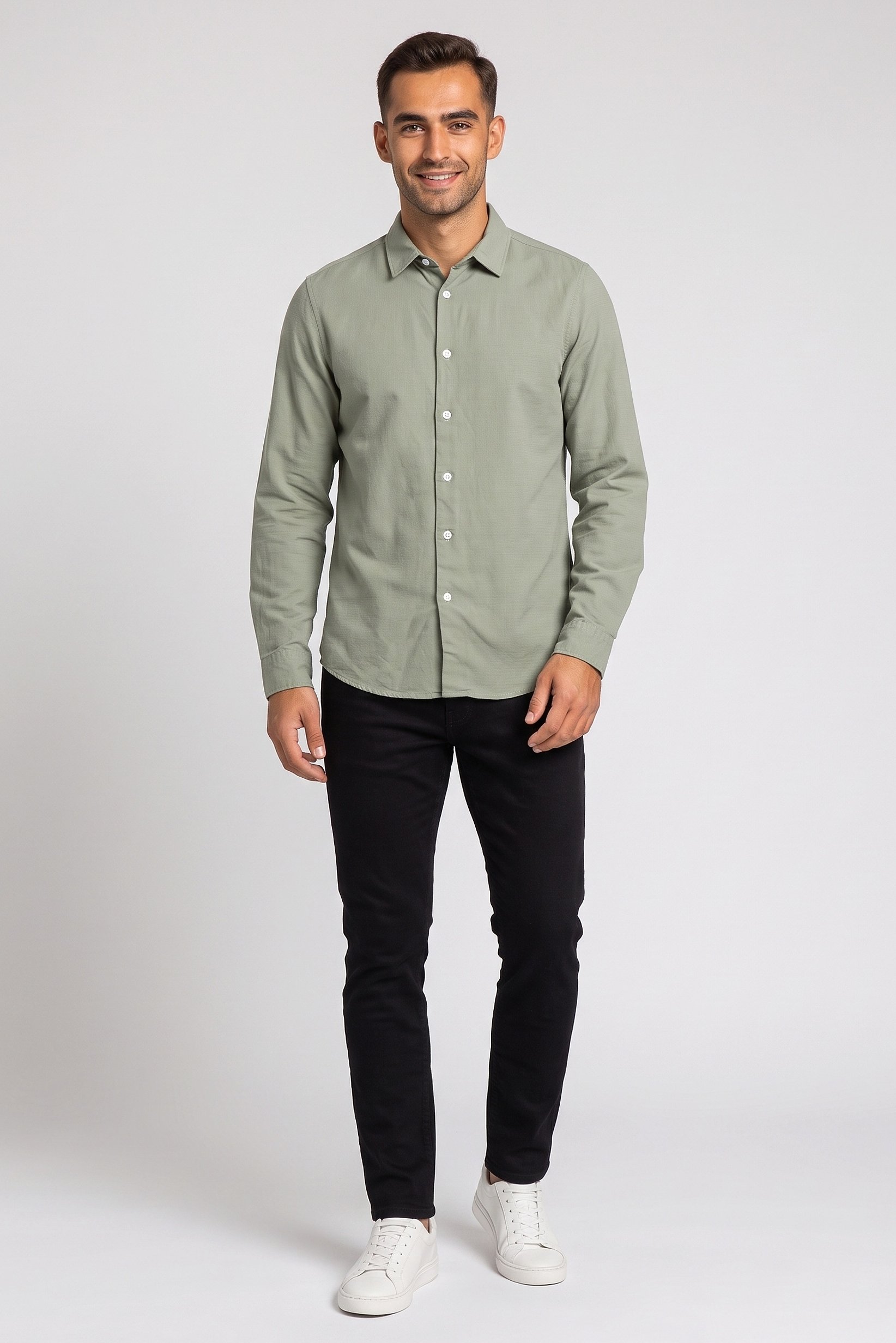 Men Regular Fit Long Sleeve Plain Casual Shirt, Sage