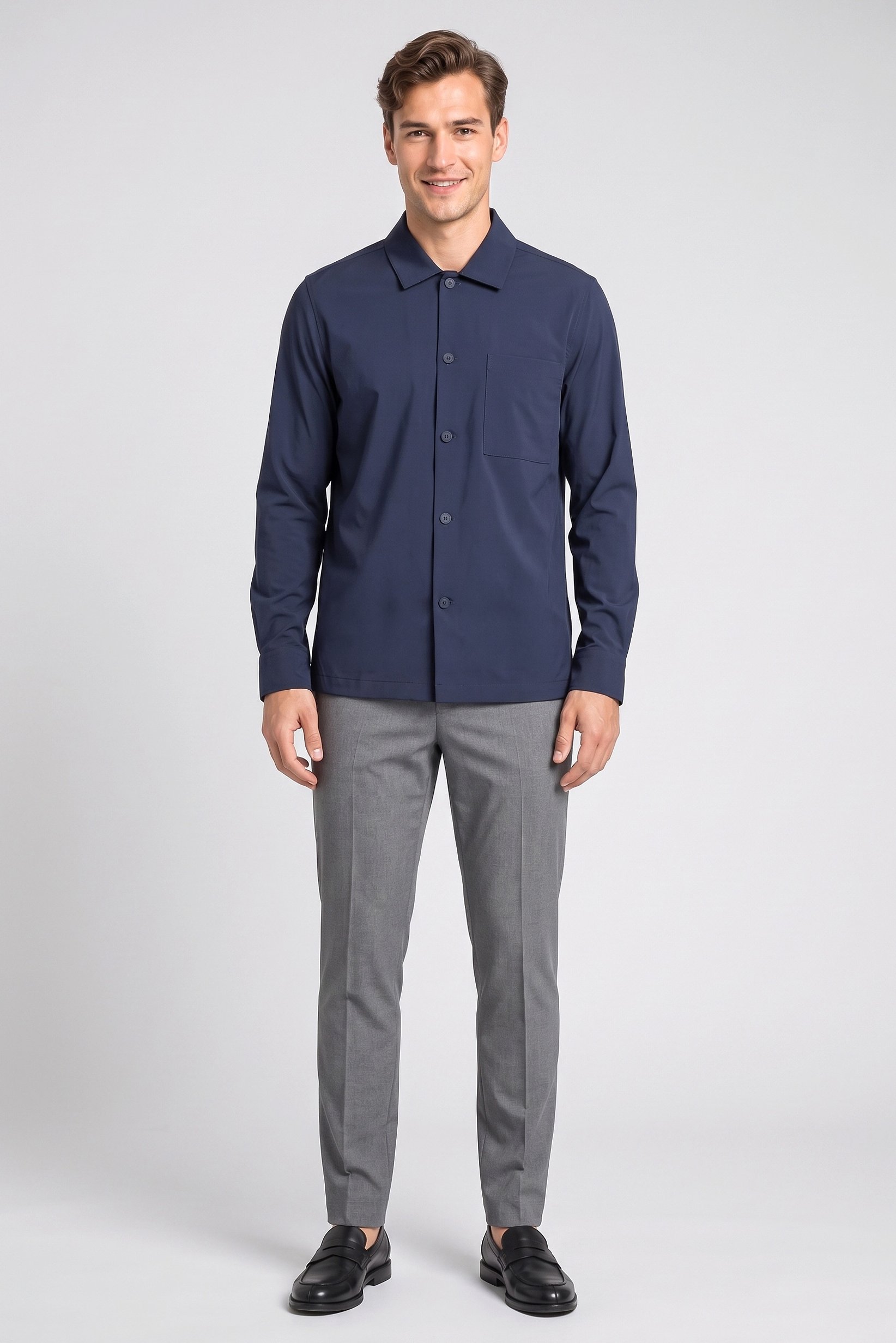 Men Regular Fit Long Sleeve Plain Casual Shirt, Deep Navy
