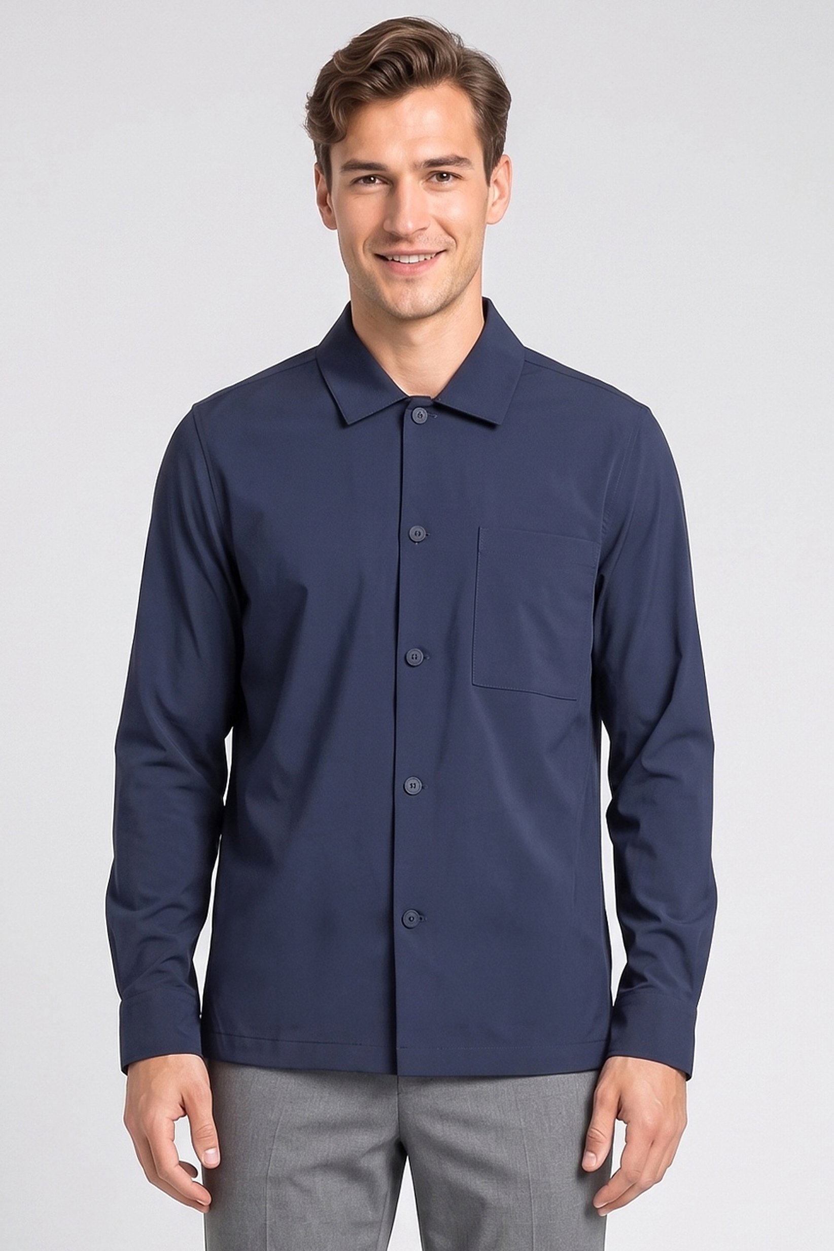Men Regular Fit Long Sleeve Plain Casual Shirt, Deep Navy