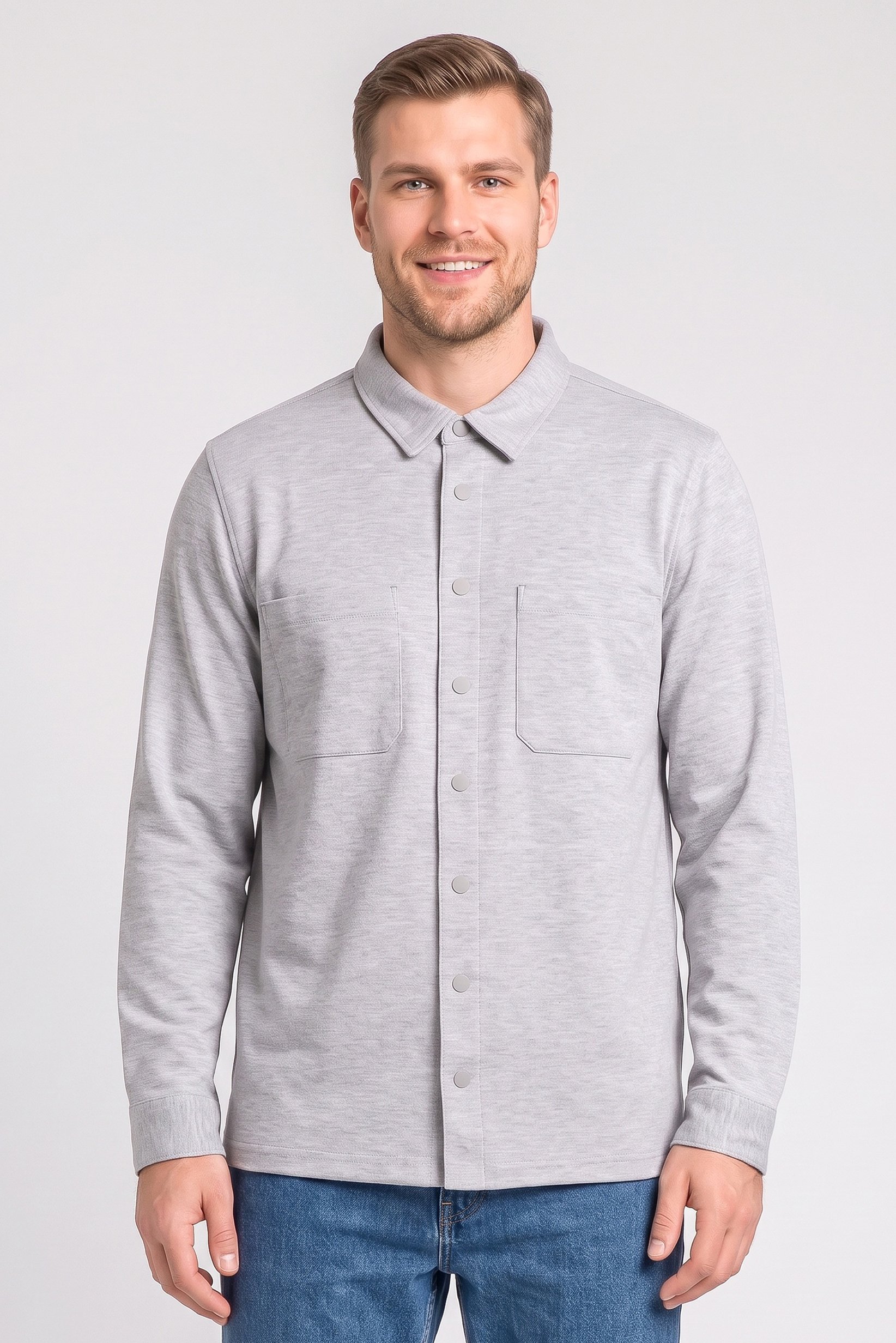 Men Regular Fit Long Sleeve Textured Casual Over Shirt, Light Grey