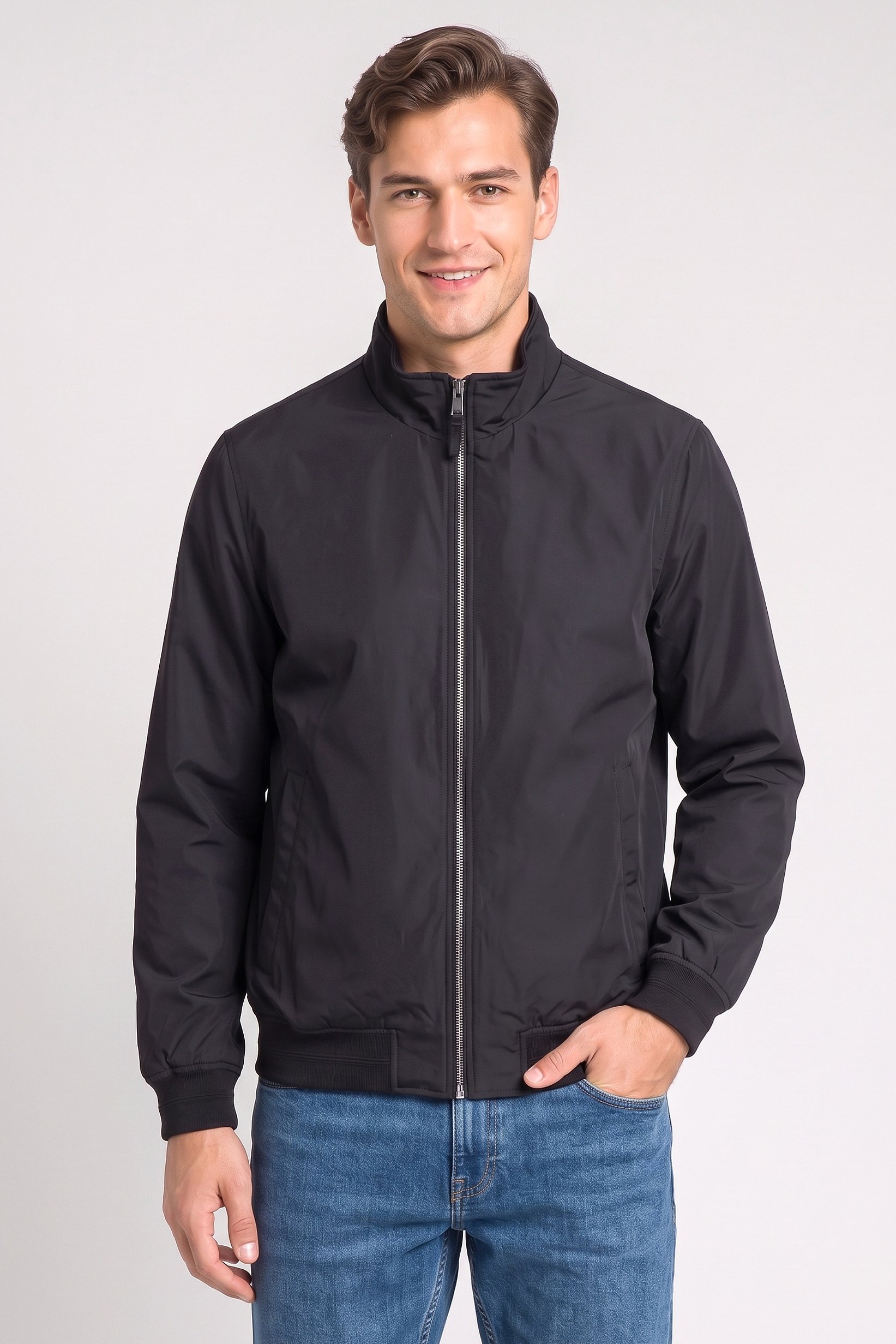 Men Plain Bomber Jacket, Black