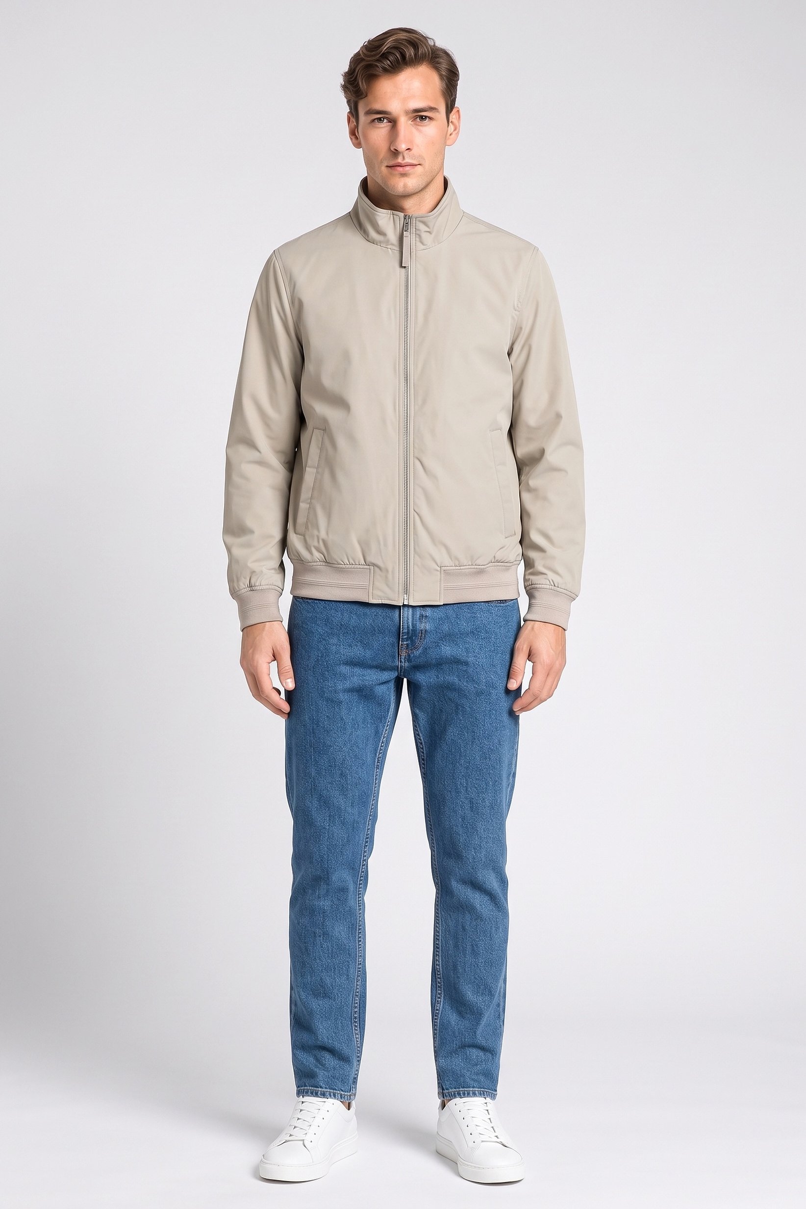 Men High Neck Solid Jacket Shirt, Beige