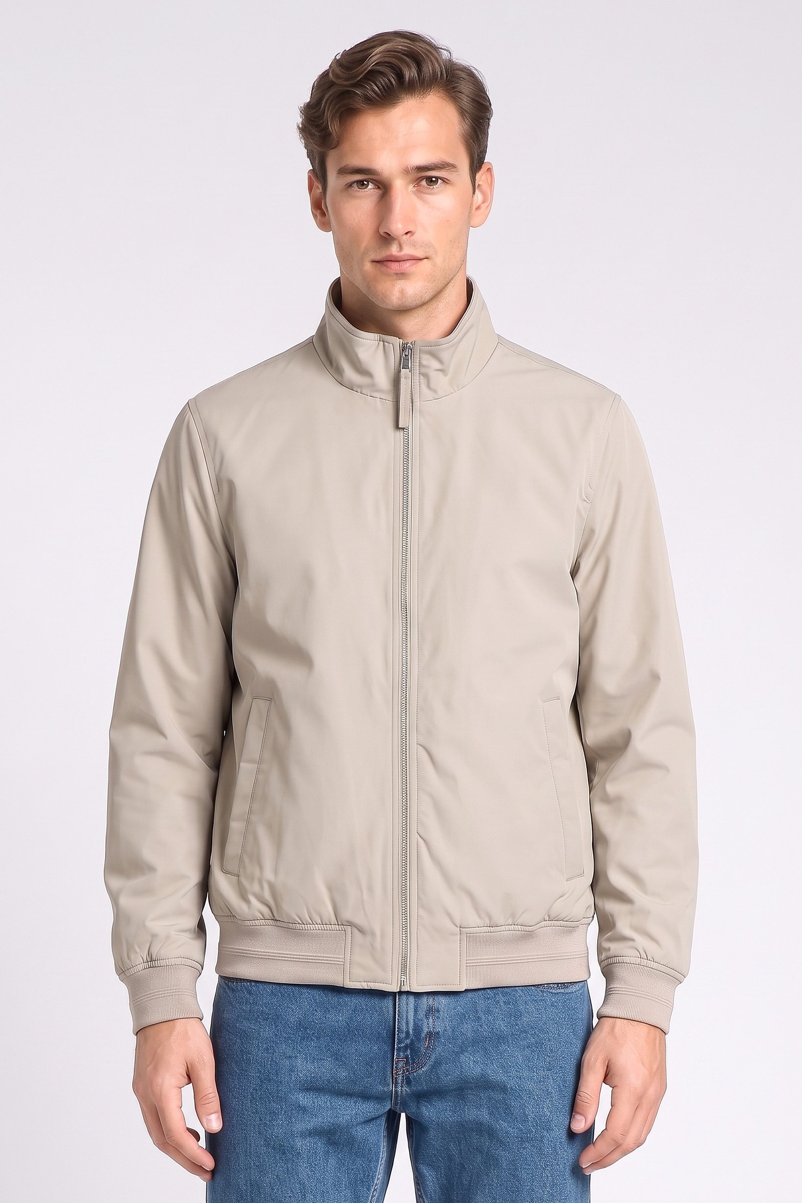 Men High Neck Solid Jacket Shirt, Beige