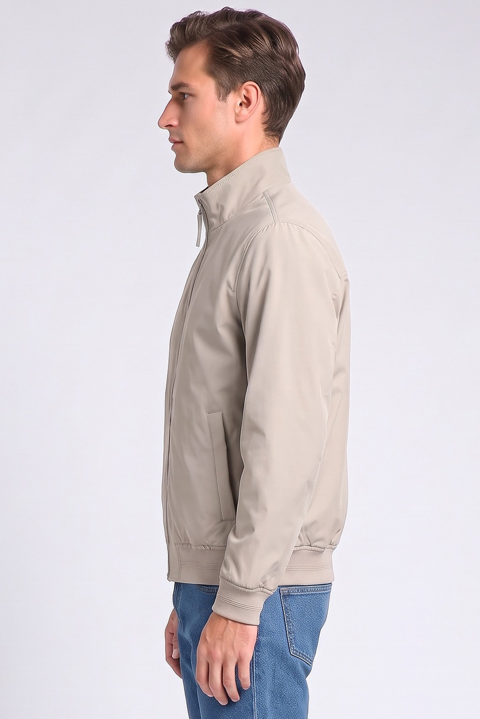 Men High Neck Solid Jacket Shirt, Beige