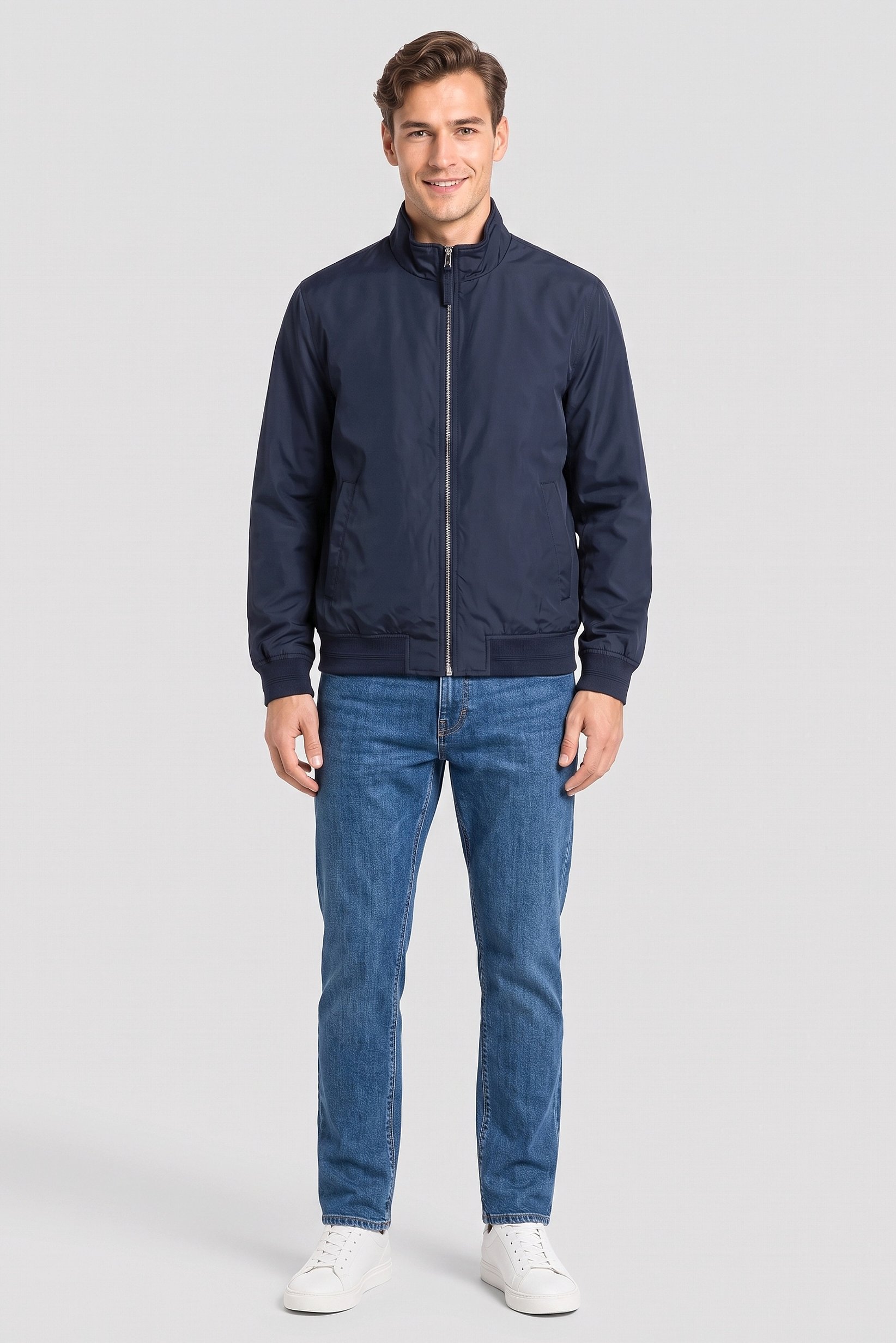 Men Solid Windbreaker Jacket, Navy