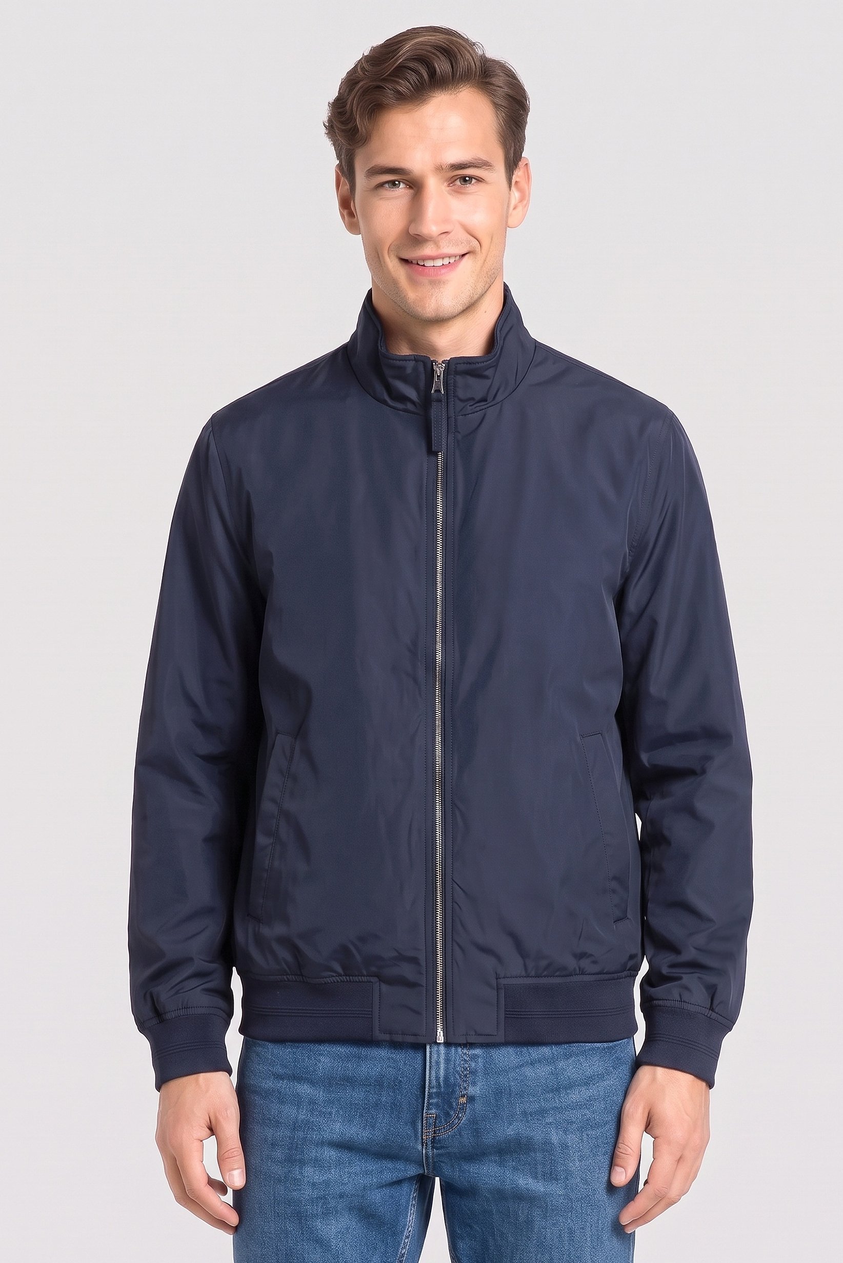 Men Solid Windbreaker Jacket, Navy