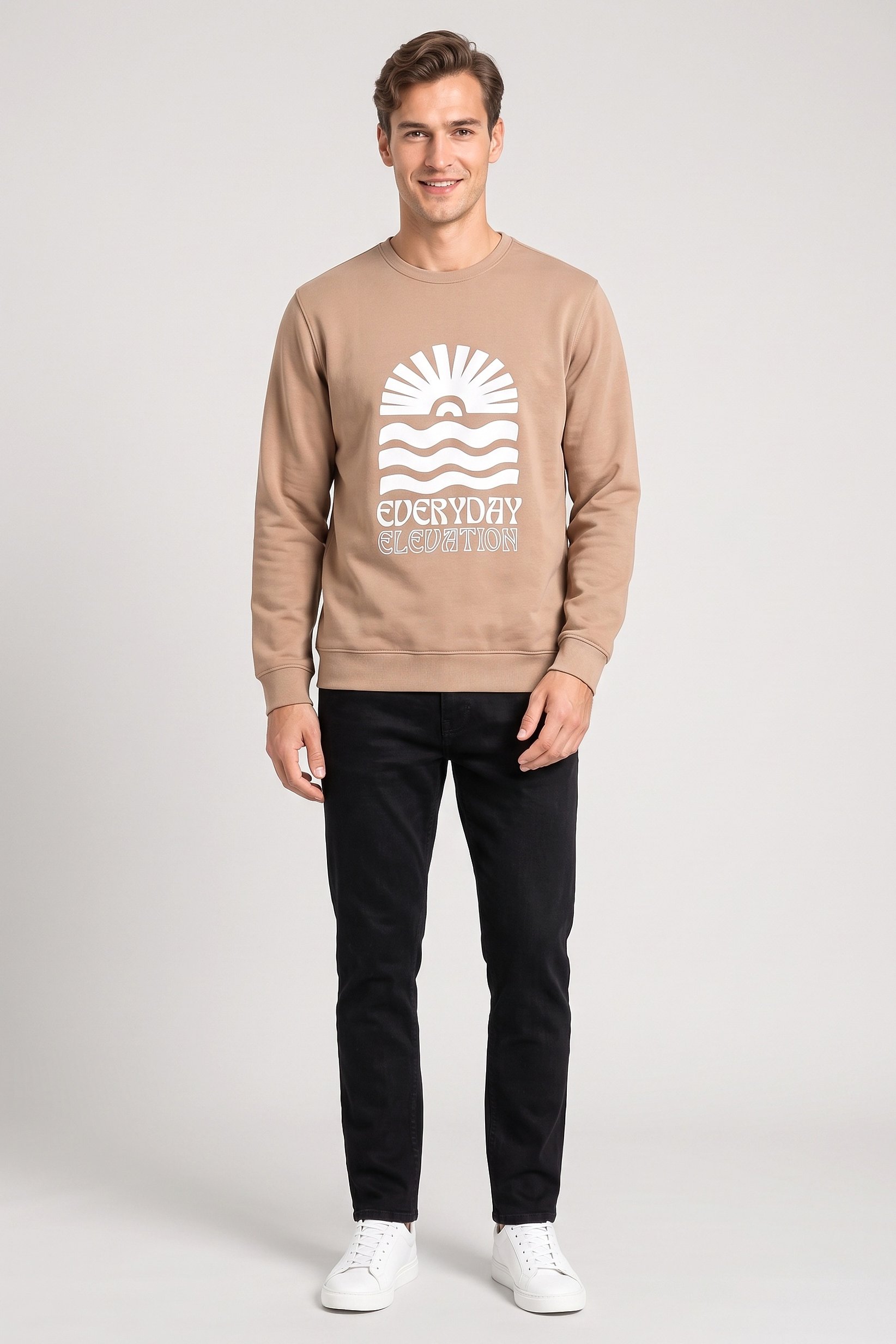 Men Crew Neck Long Sleeve Graphic Print Sweatshirt, Tan