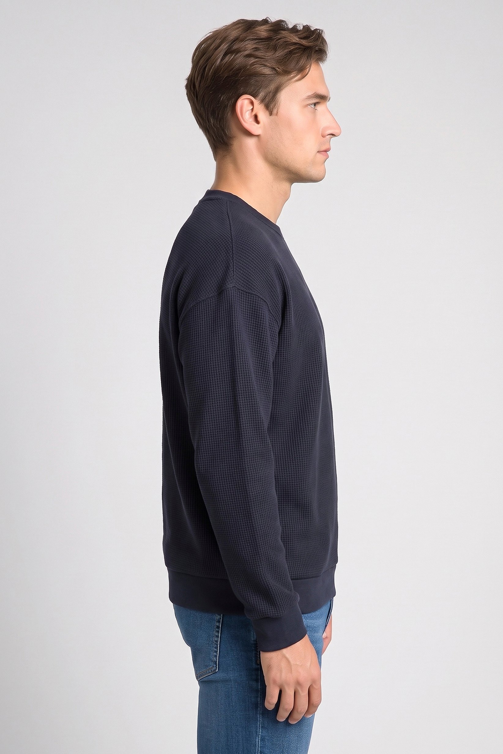 Men Crew Neck Textured Long Sleeve Sweatshirt, Navy