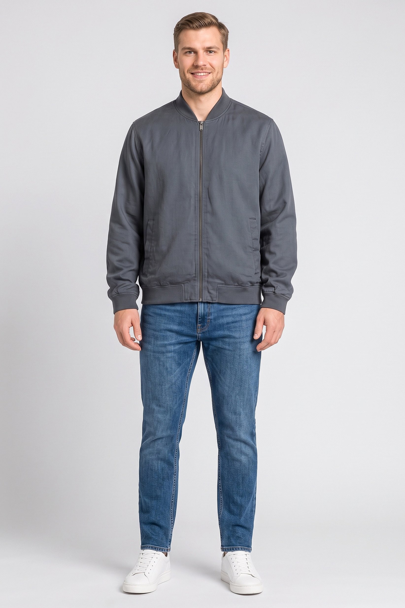 Men Plain Bomber Jacket, Grey