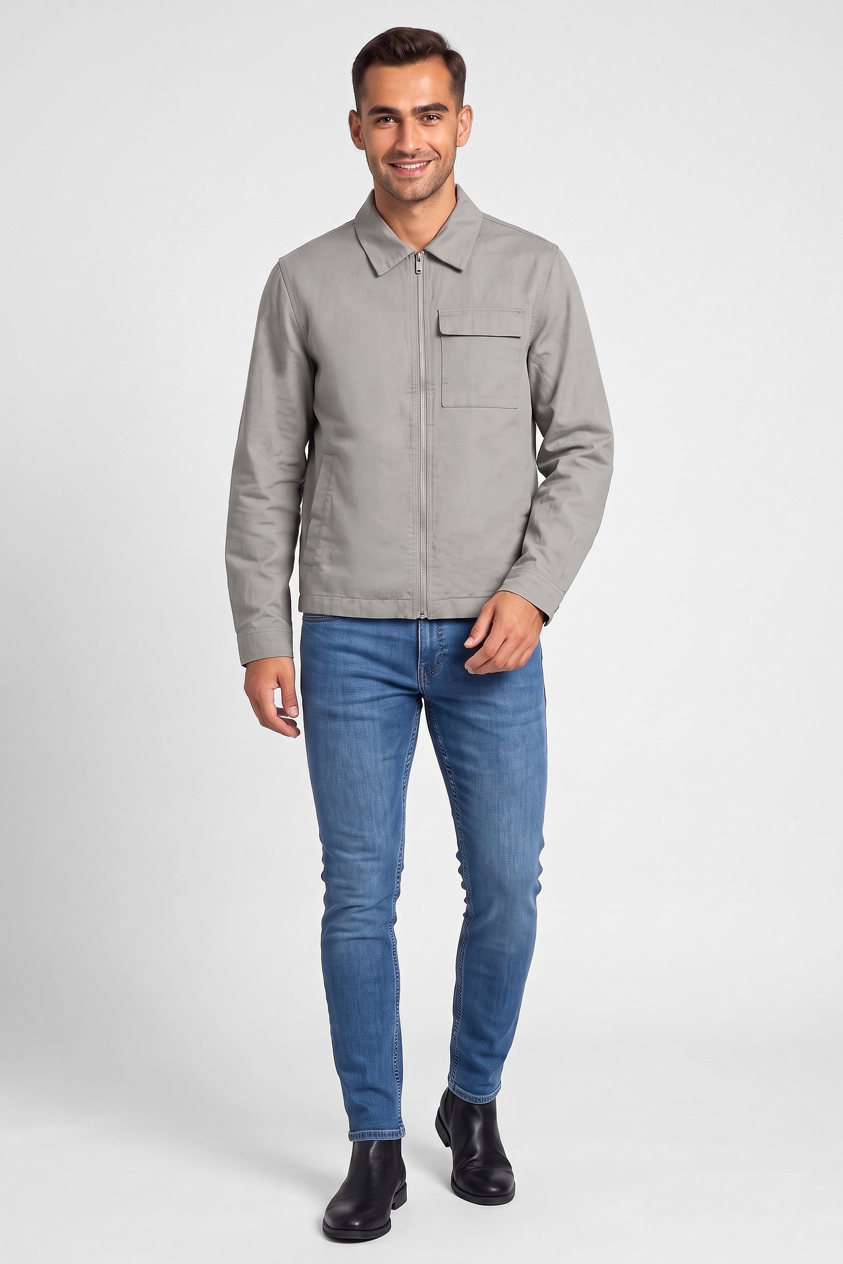 Men Solid Long Sleeve Full Zip Jacket Shirt, Sage Green