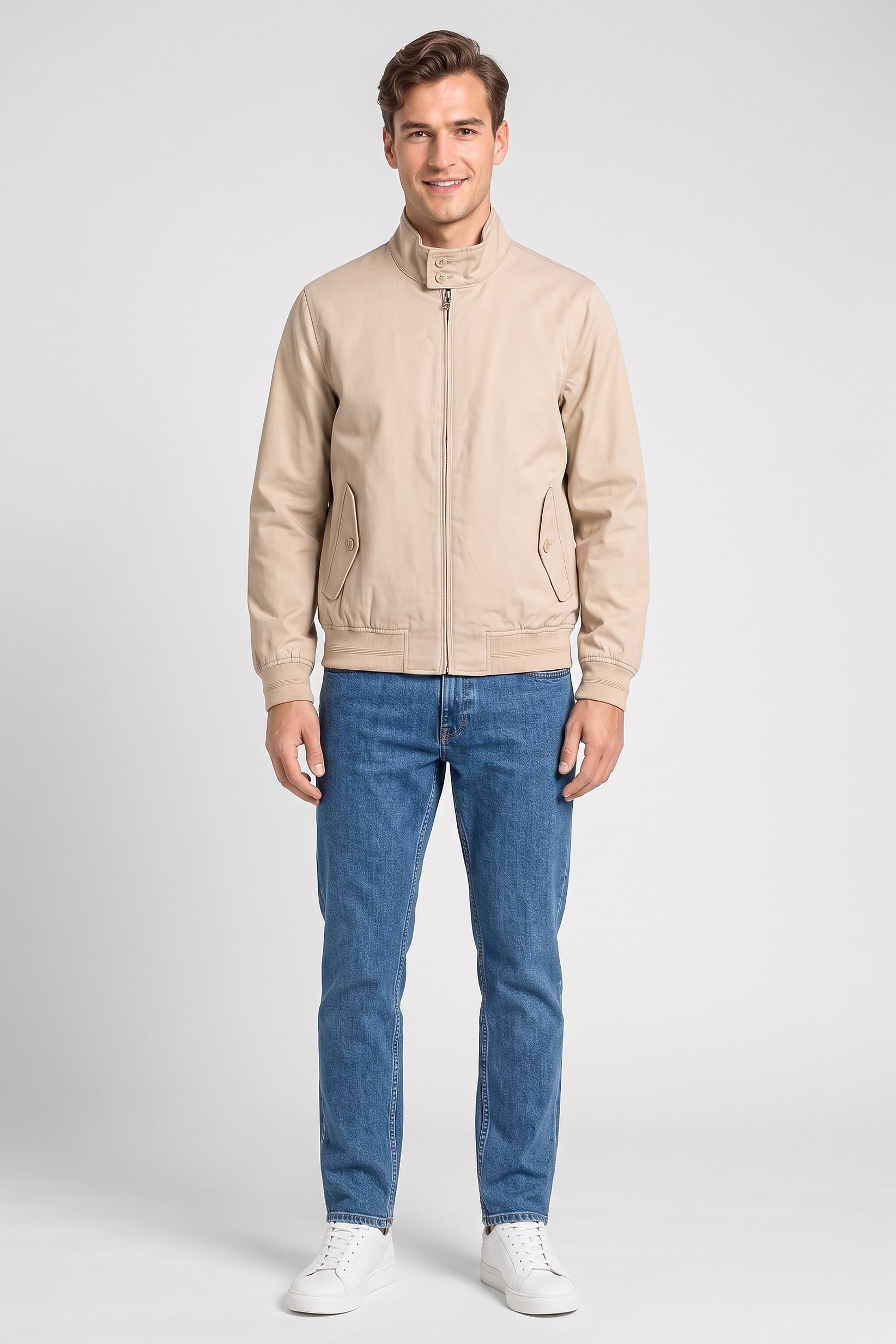 Men Solid Bomber Jacket, Beige