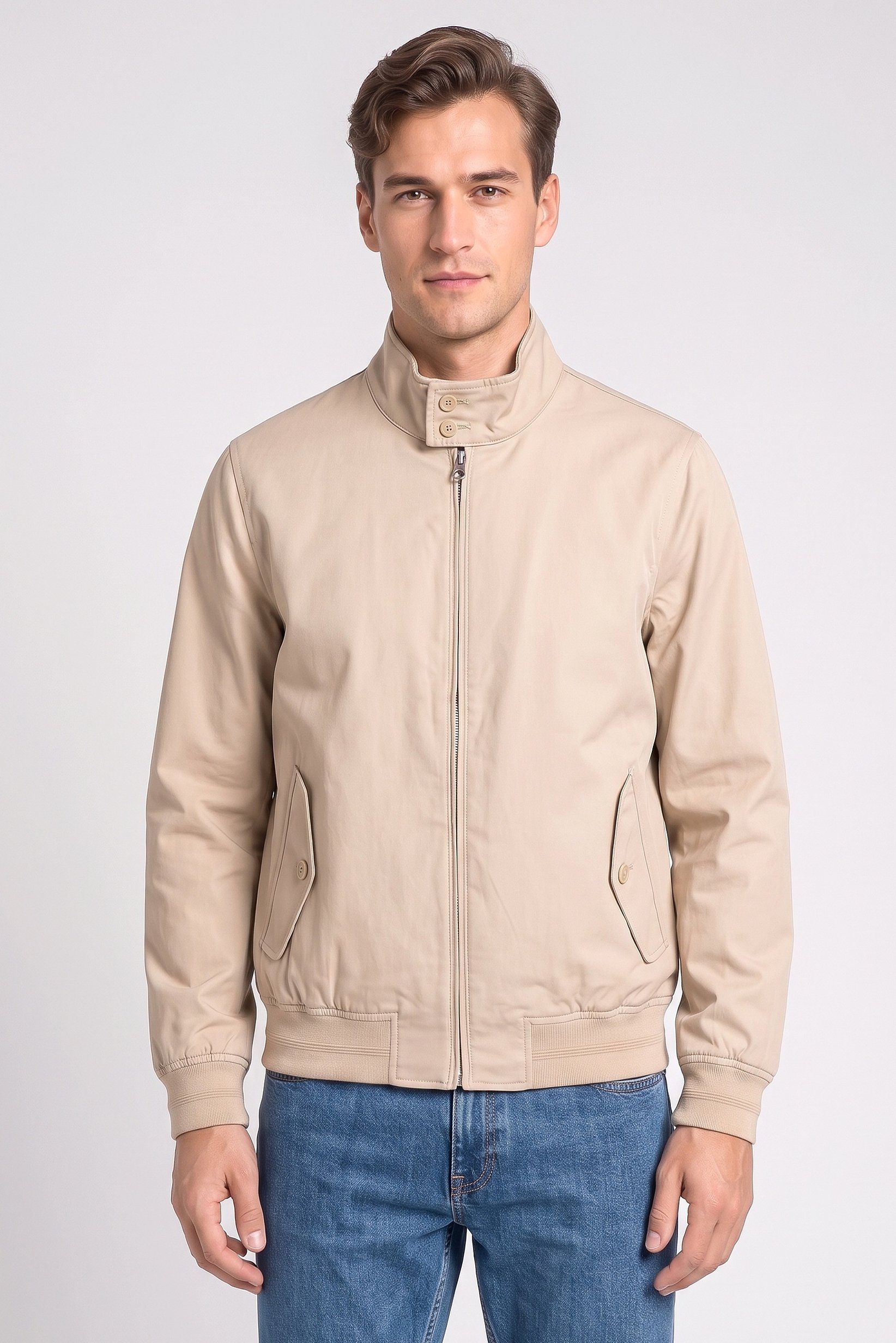 Men Solid Bomber Jacket, Beige