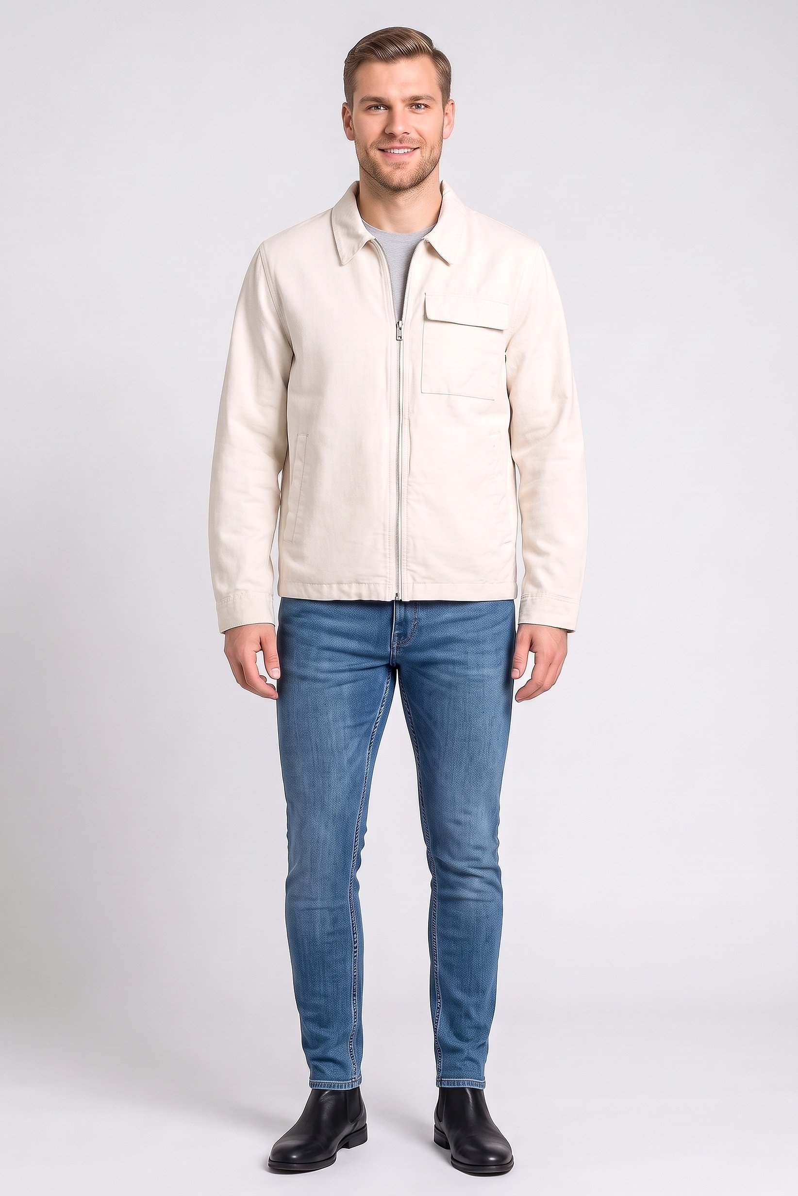 Men Solid Long Sleeve Jacket Shirt, Light Beige