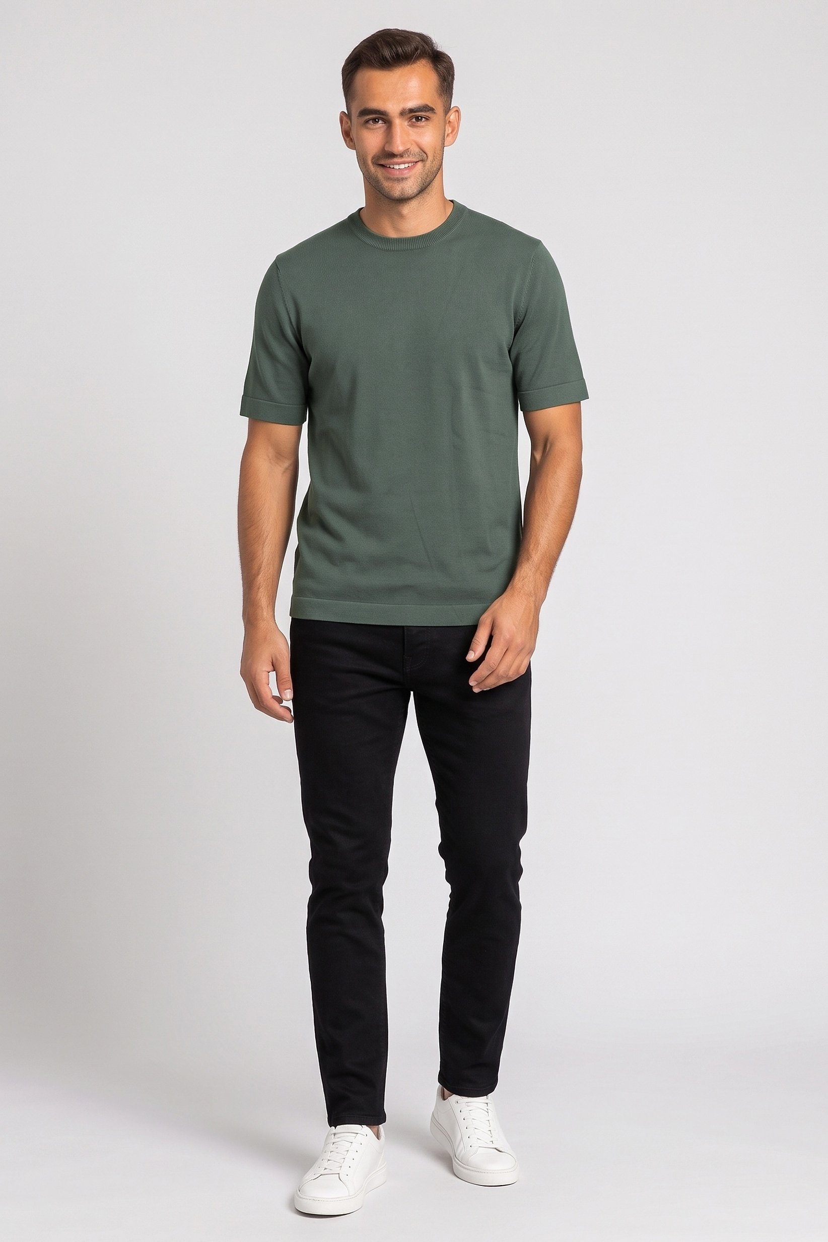 Men Ribbed Collar Short Sleeve Solid T-Shirt, Dark Green