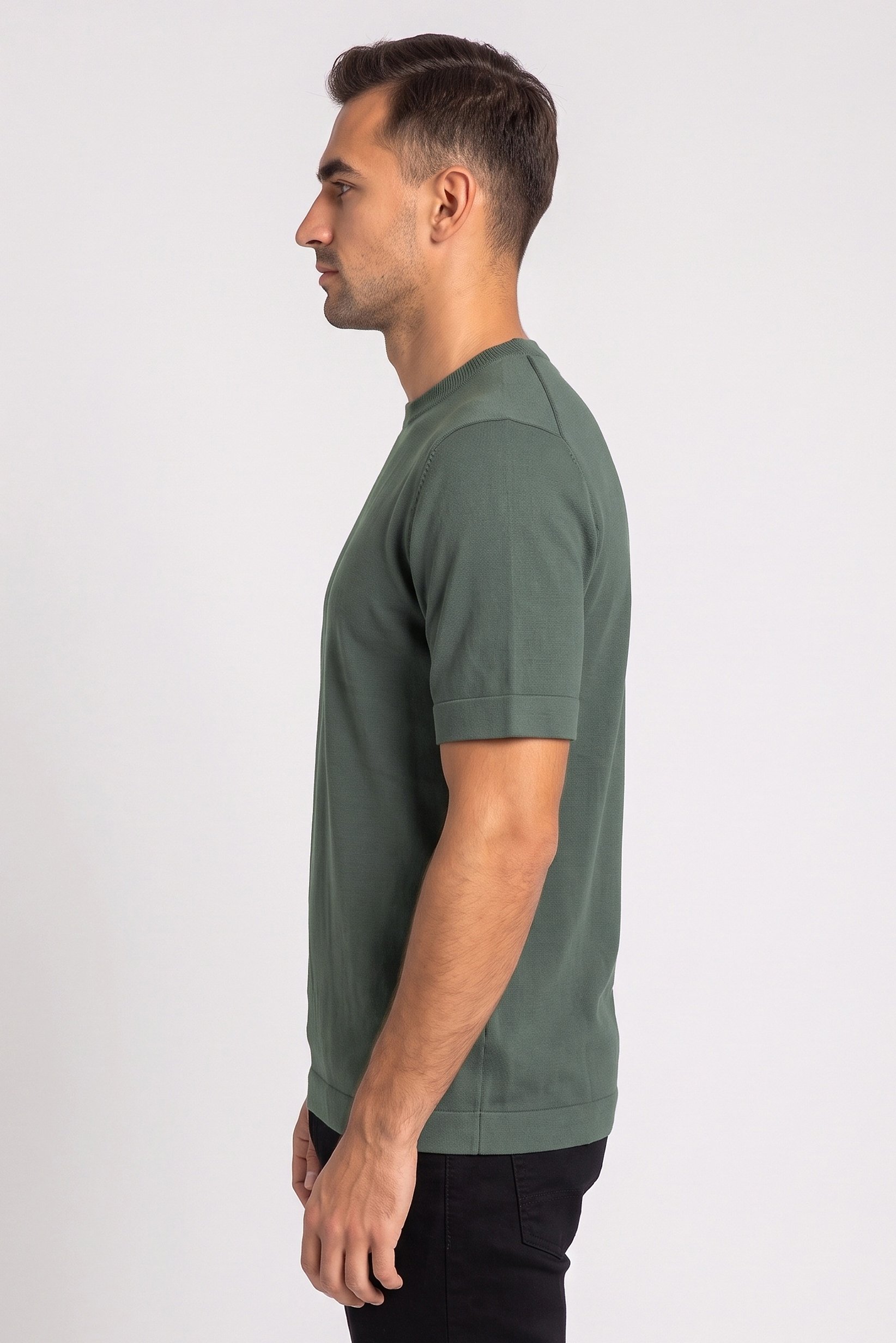Men Ribbed Collar Short Sleeve Solid T-Shirt, Dark Green