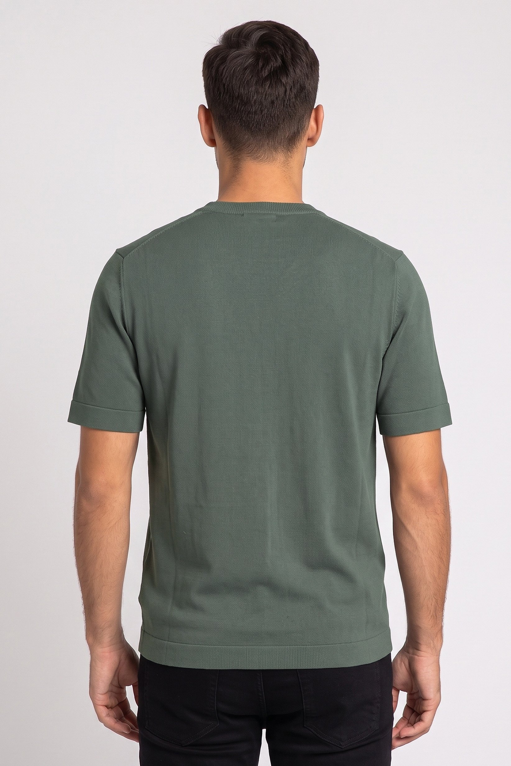 Men Ribbed Collar Short Sleeve Solid T-Shirt, Dark Green