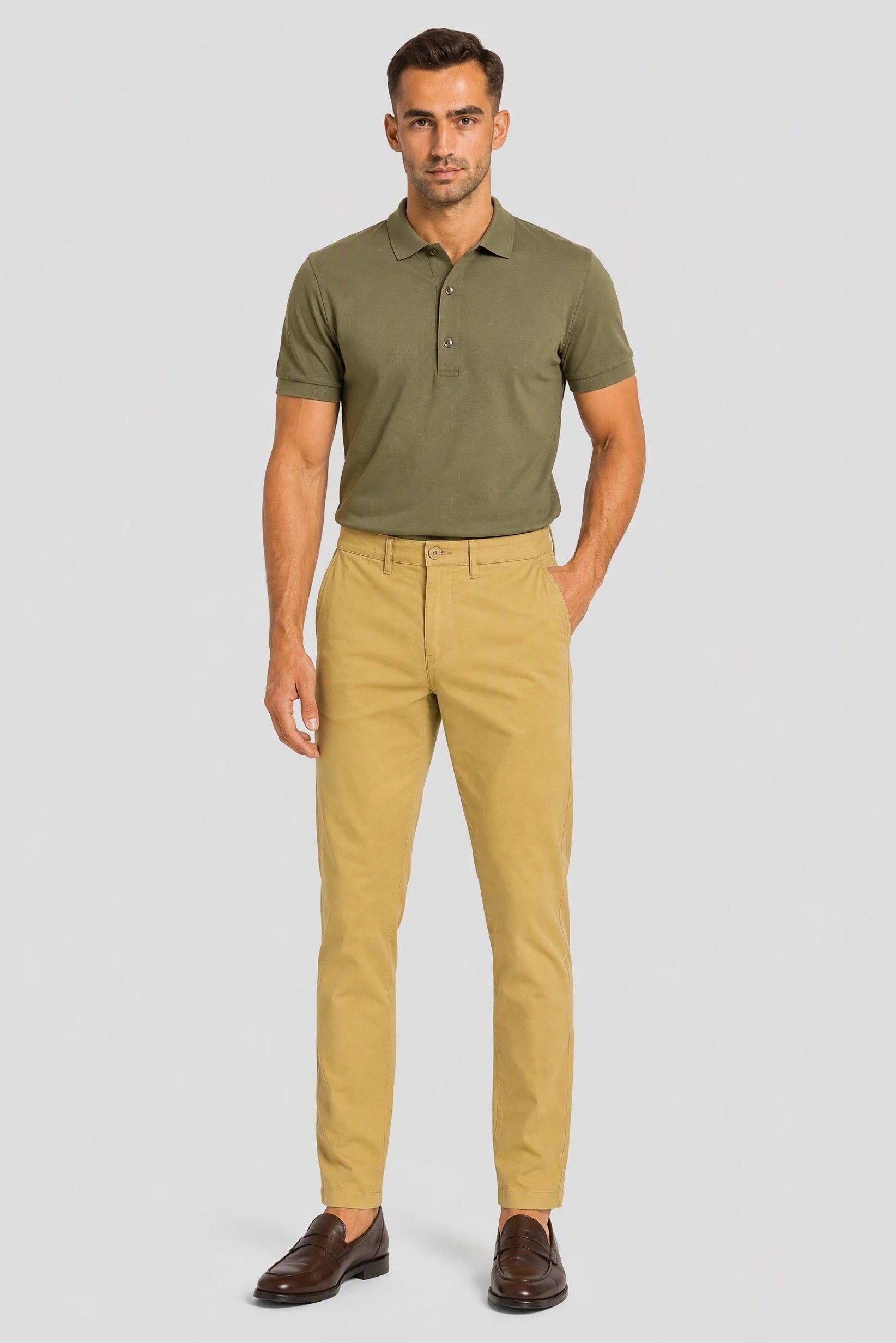 Men Slim Fit Plain Chino Pants, Light Yellow