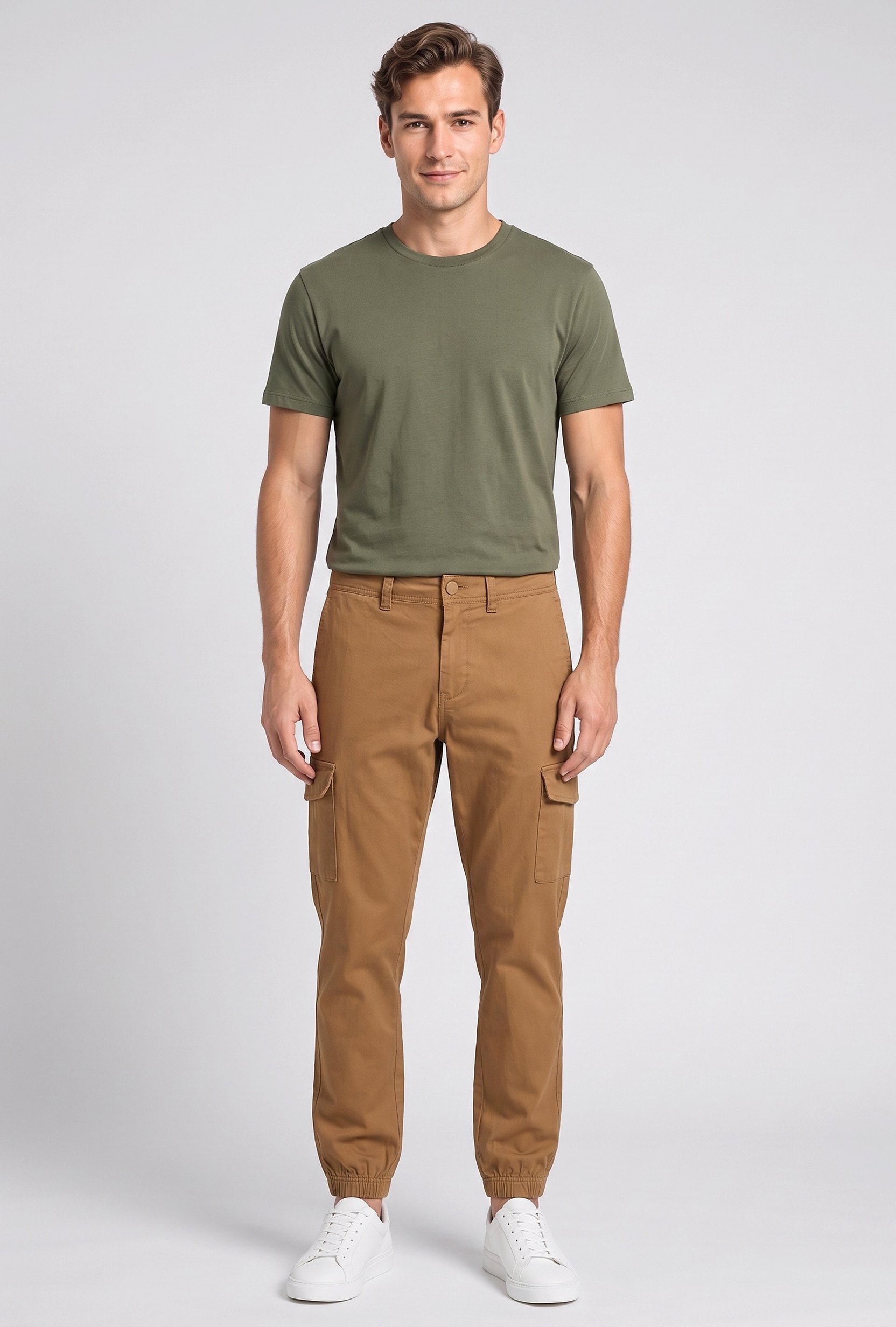 Men Slim Fit Solid Cargo Pants, Brown