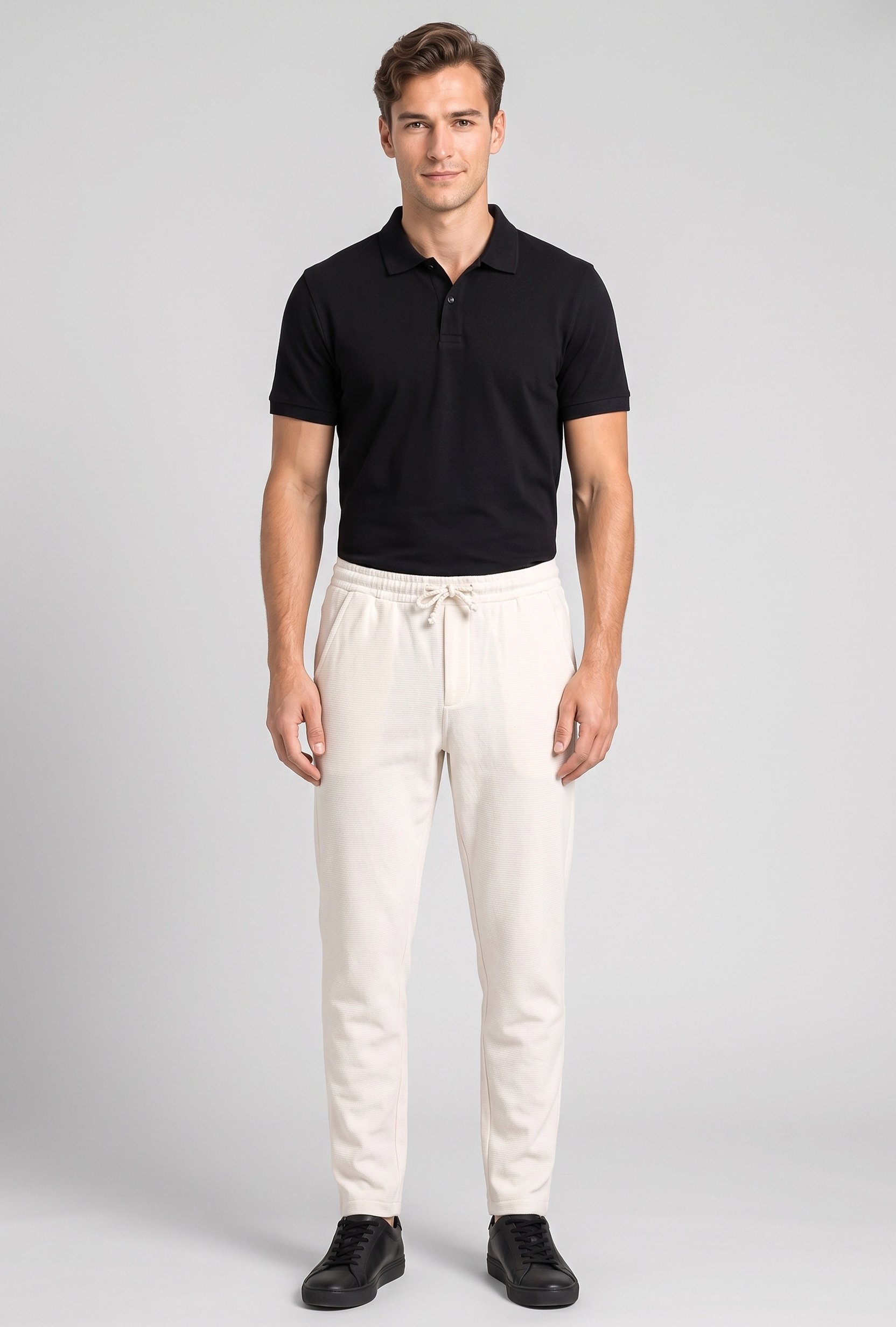 Men Comfort Fit Textured Straight Leg Pants, Off White