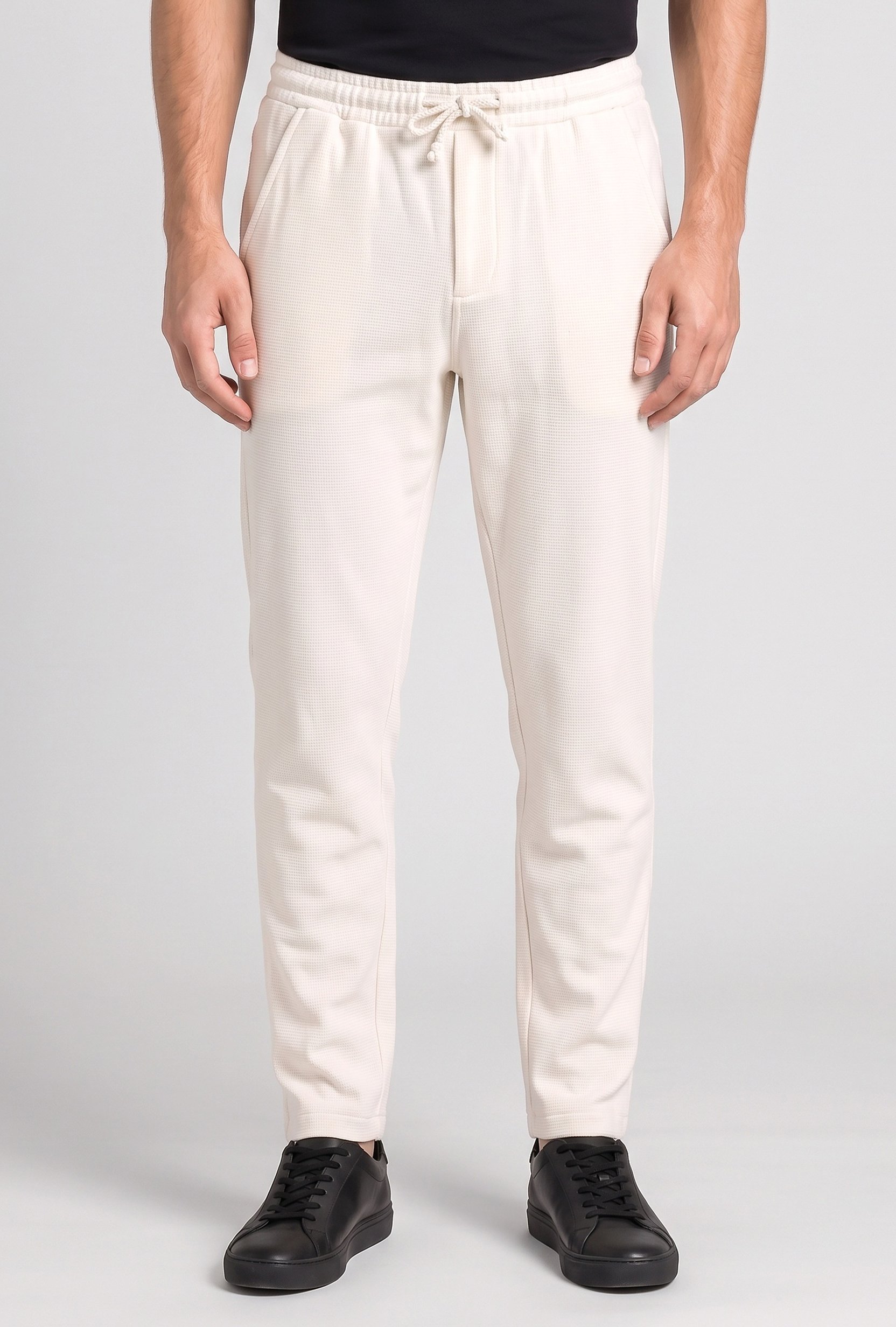 Men Comfort Fit Textured Straight Leg Pants, Off White