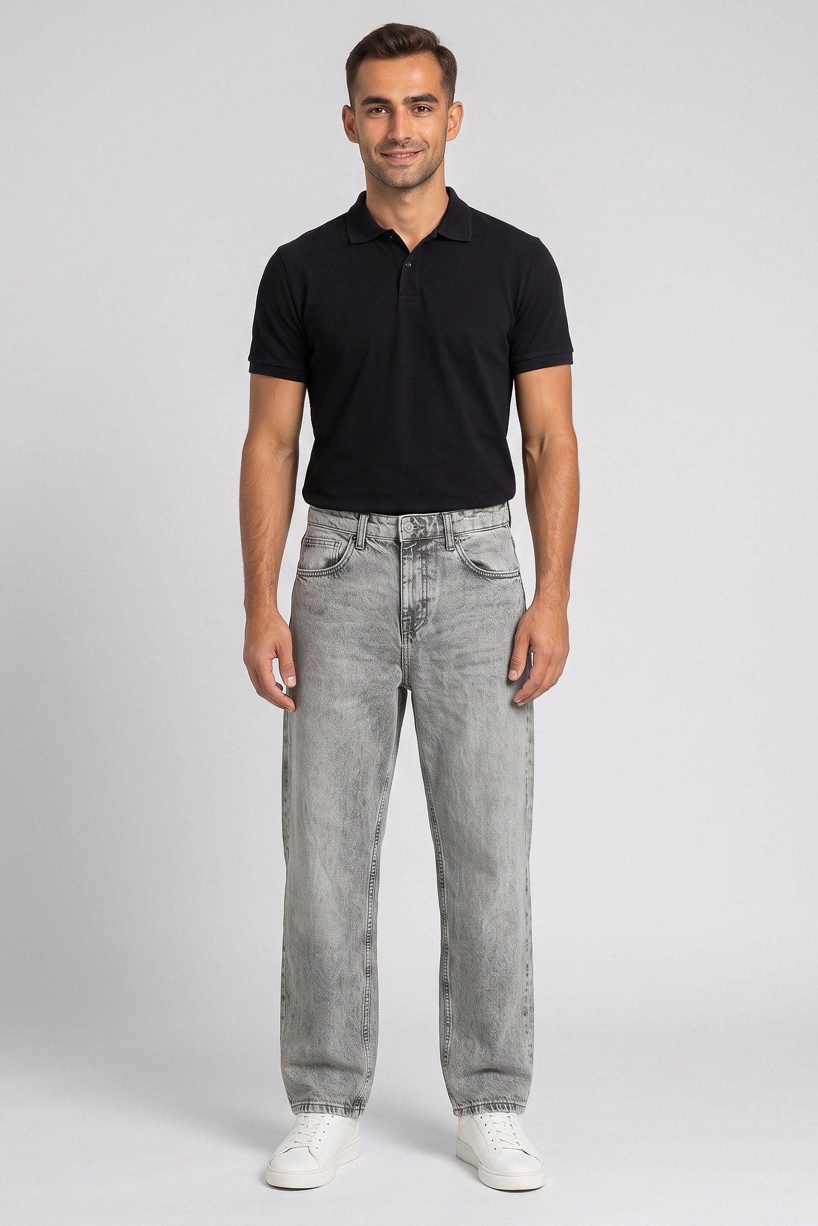Men Baggy Fit Washed Non Stretchable Jeans, Light Grey