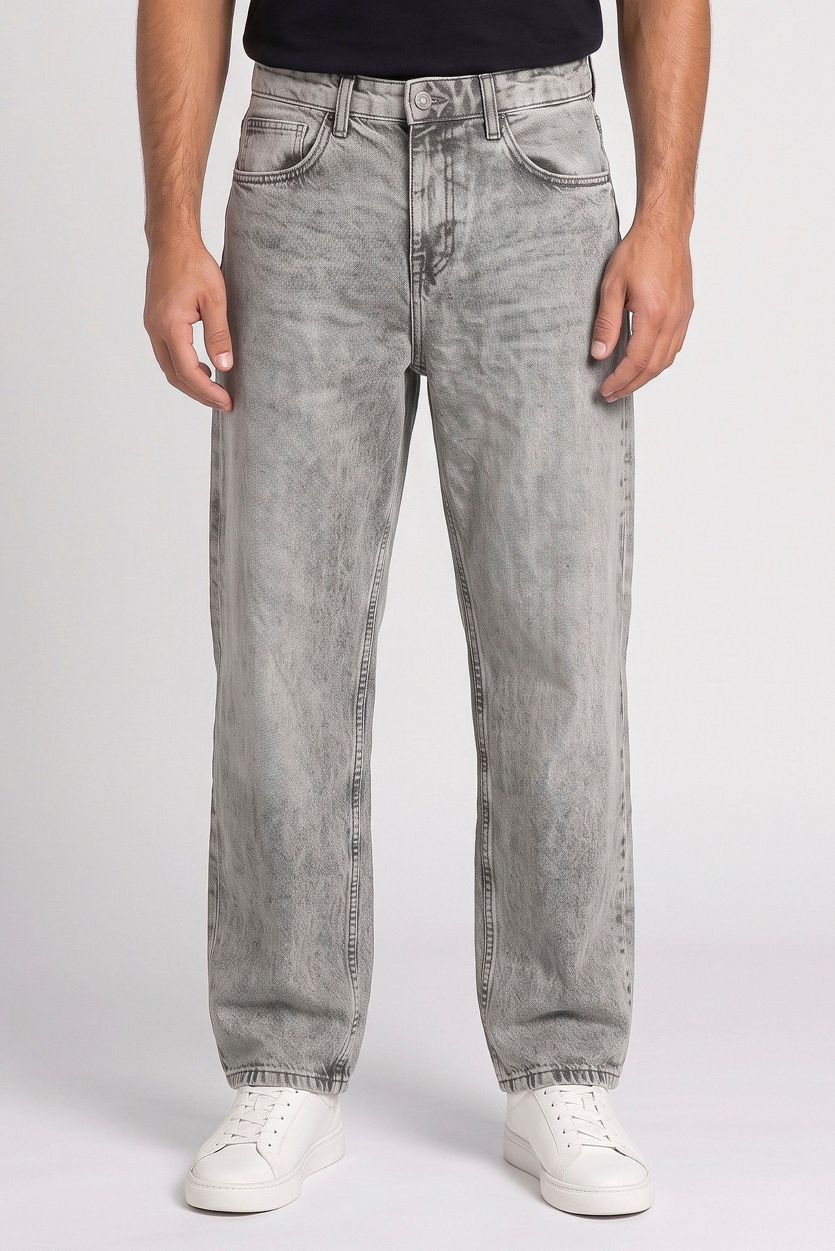 Men Baggy Fit Washed Non Stretchable Jeans, Light Grey