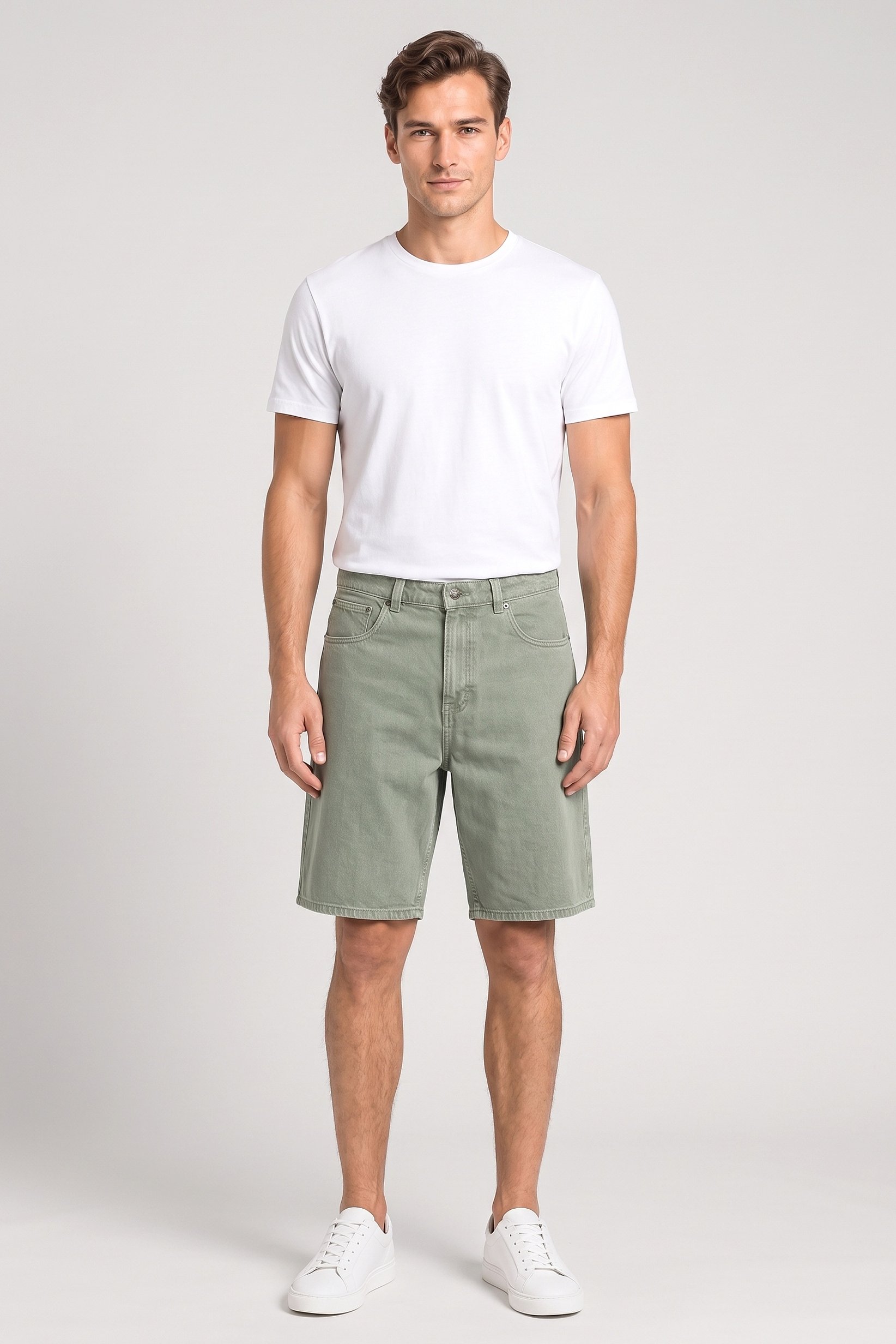 Men Solid Long Denim Shorts, Sage Green