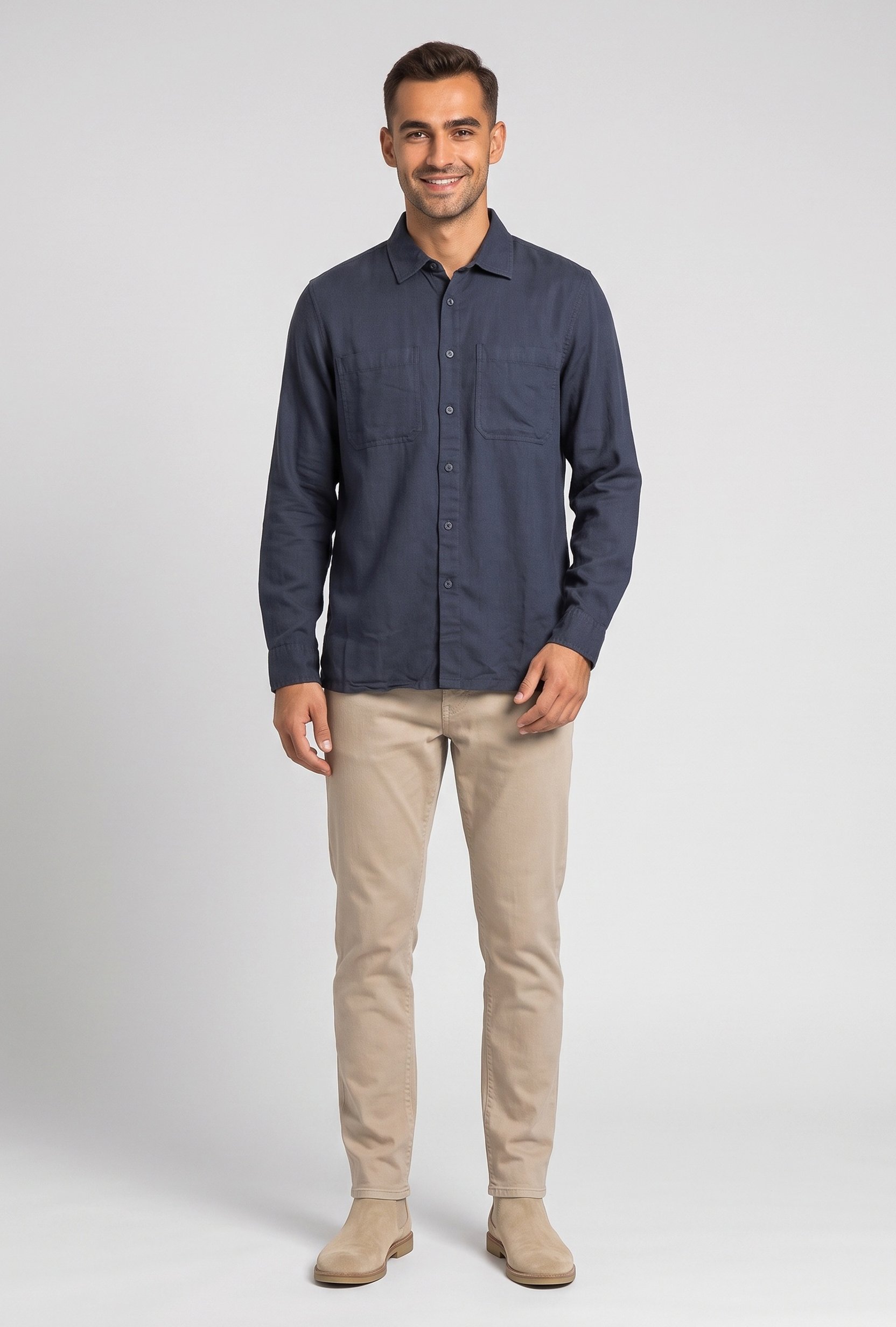 Men Regular Fit Plain Long Sleeve Casual Shirt, Navy