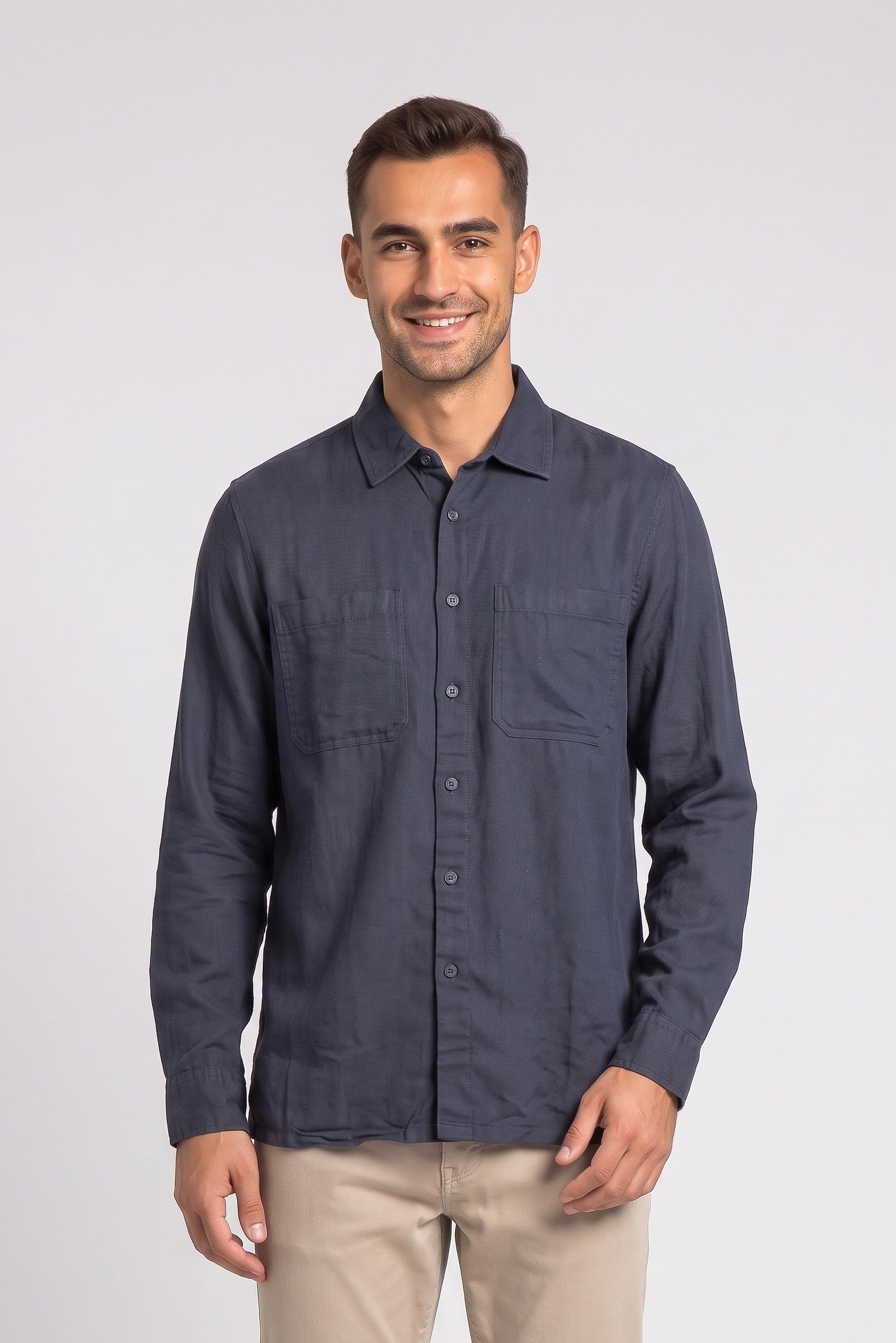 Men Regular Fit Plain Long Sleeve Casual Shirt, Navy