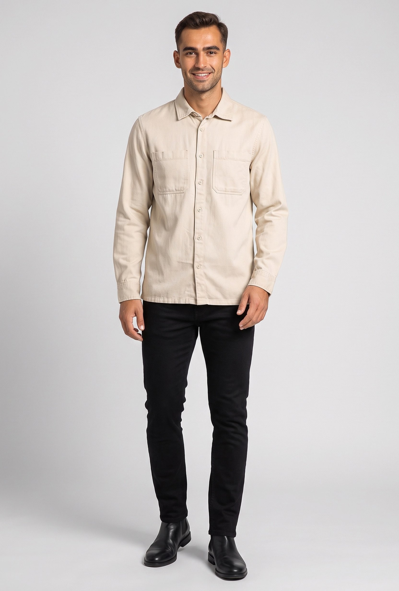Men Regular Fit Plain Long Sleeve Casual Shirt, Beige