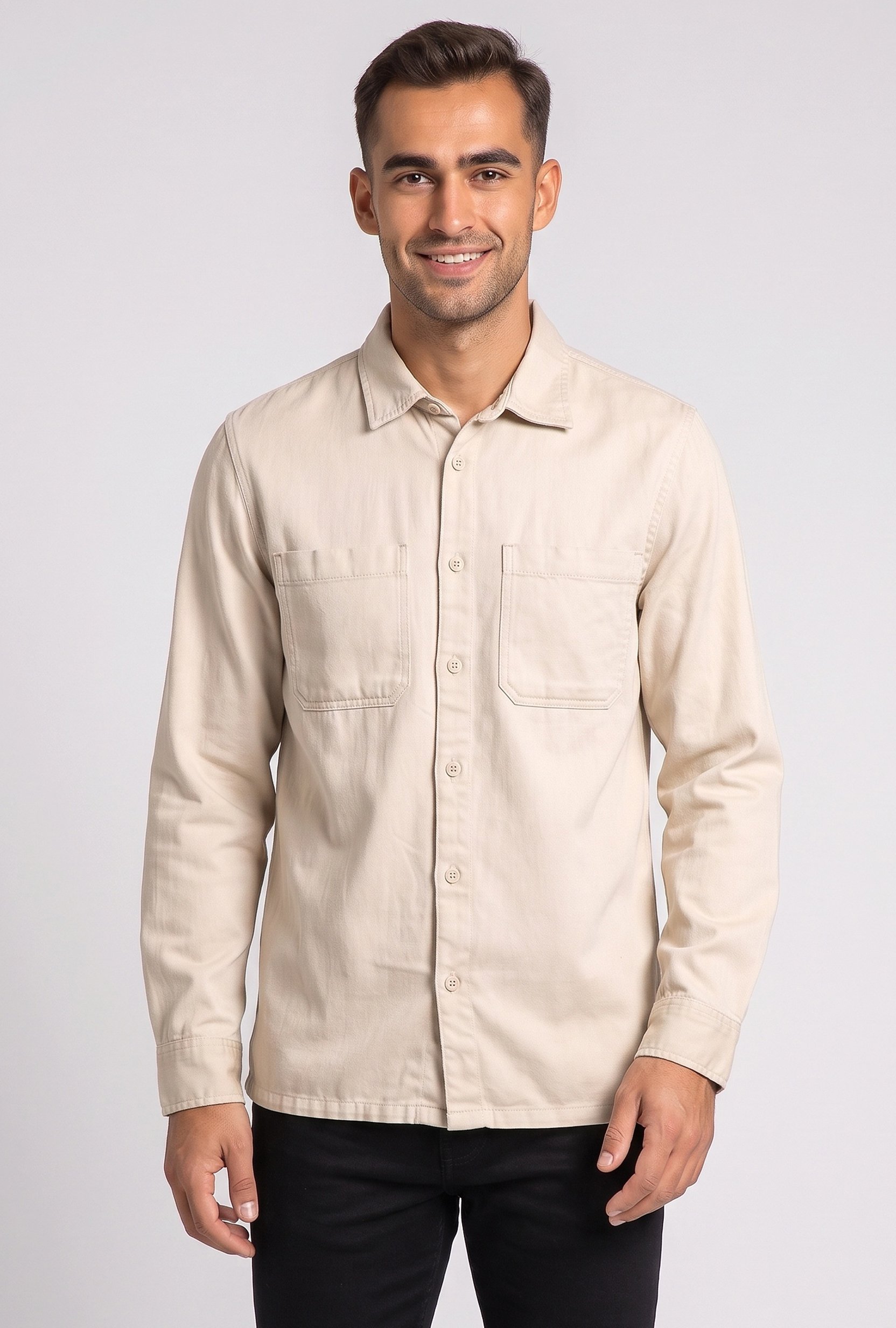 Men Regular Fit Plain Long Sleeve Casual Shirt, Beige