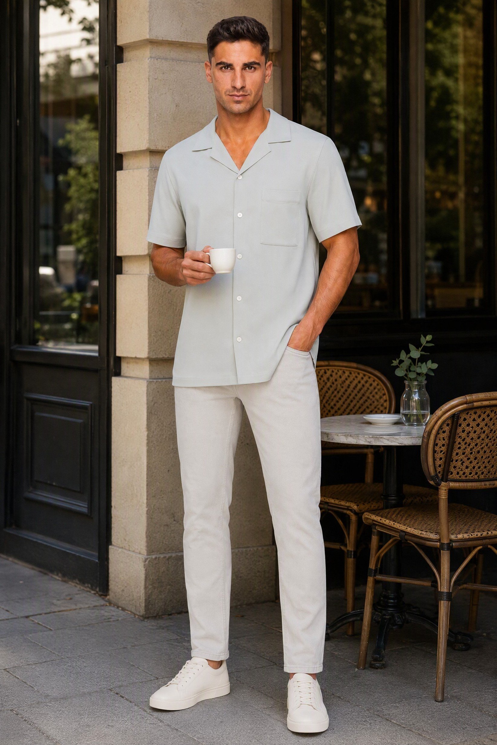 Men Regular Fit Plain Short Sleeve Casual Shirt, Sage Green