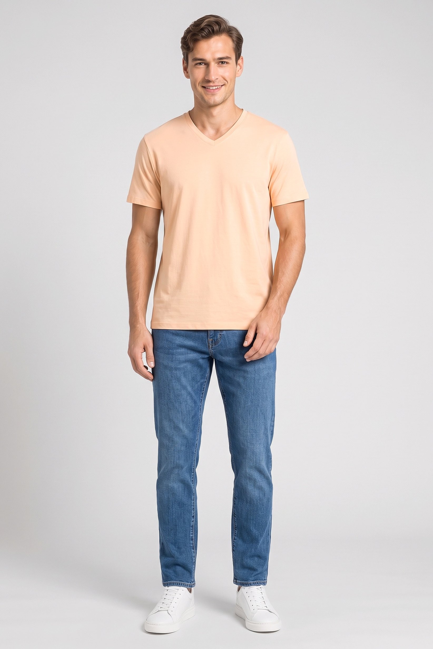 Men V-Neck Short Sleeve Plain T-Shirt, Peach