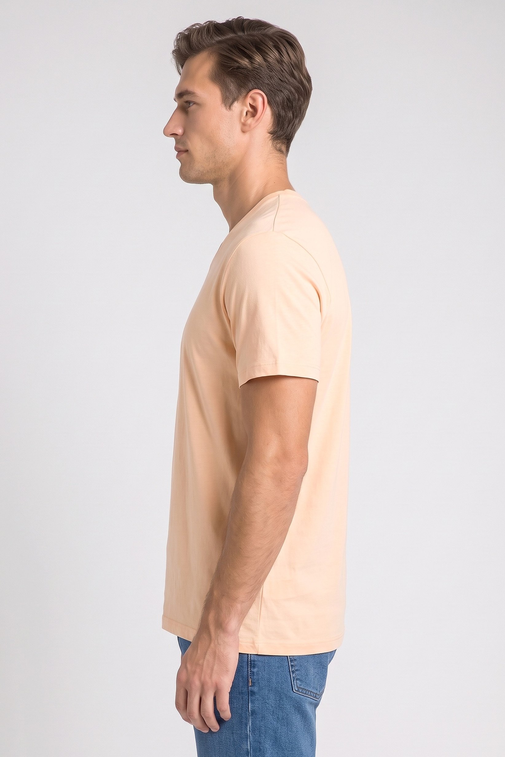 Men V-Neck Short Sleeve Plain T-Shirt, Peach