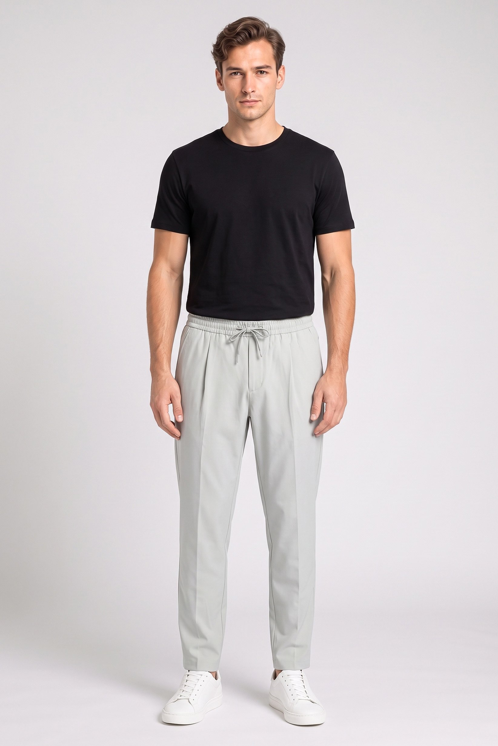 Men Regular Fit Solid Straight Leg Pants, Light Grey