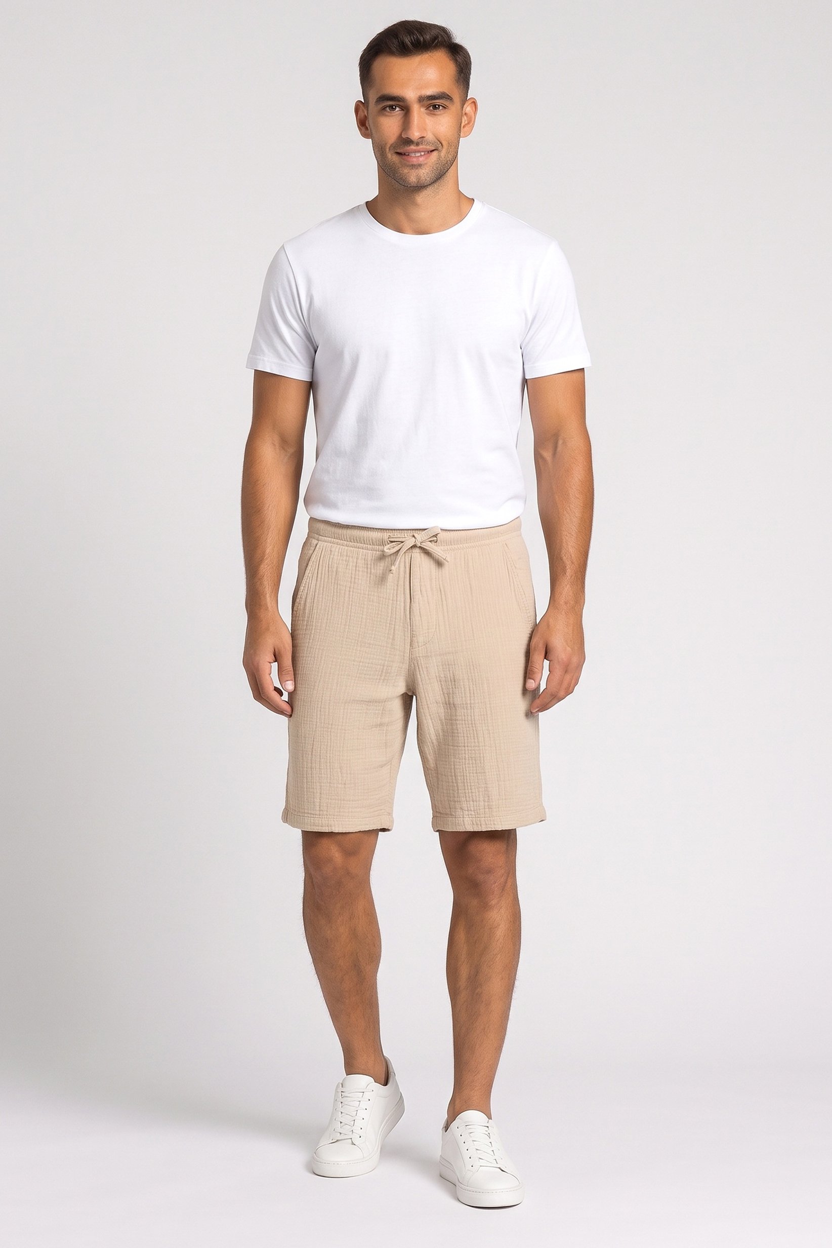 Men Plain Basic Shorts, Beige