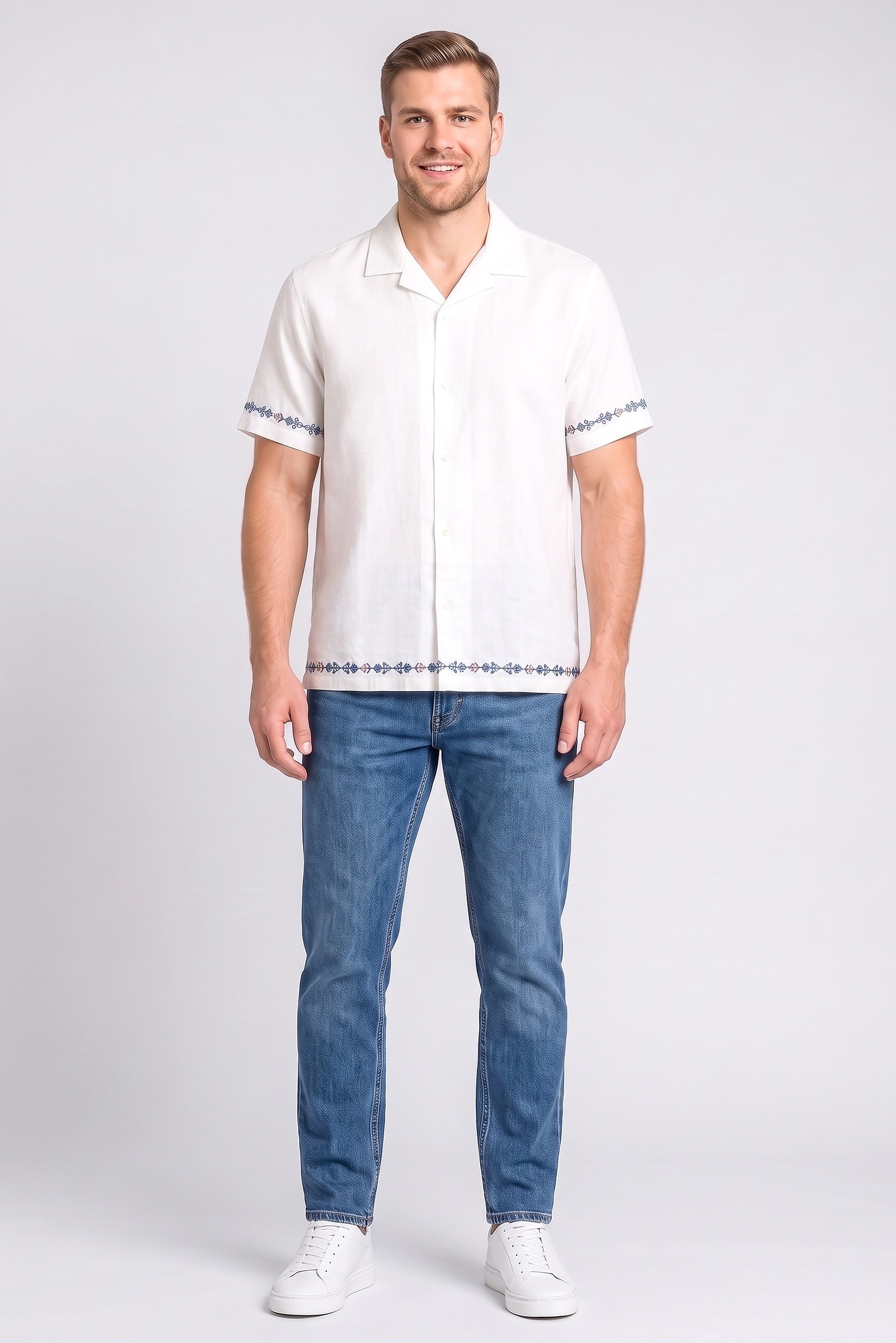 Men Relaxed Fit Embroidered Short Sleeve Casual Shirt, Off White