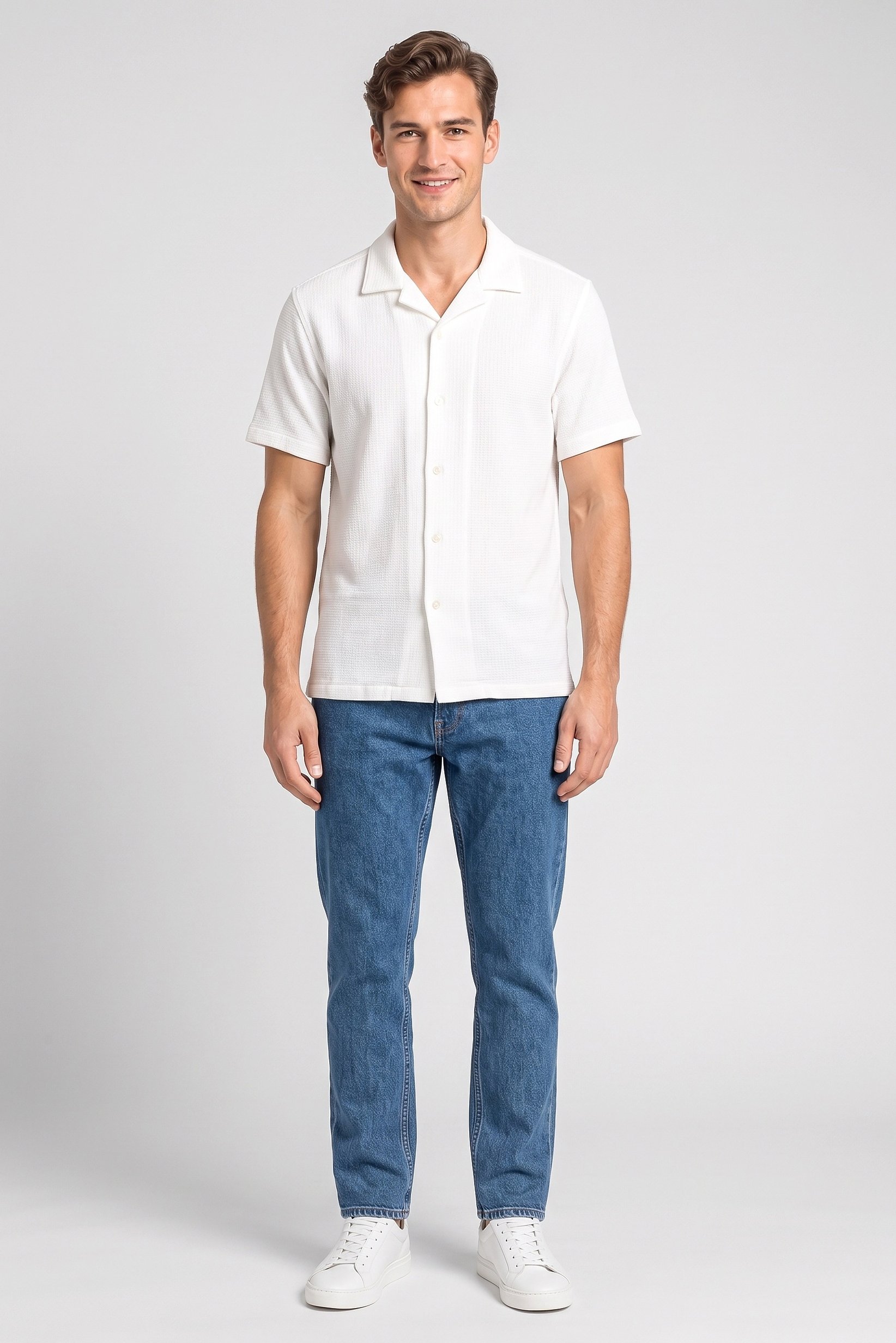 Men Regular Fit Short Sleeve Textured Casual Shirt, White