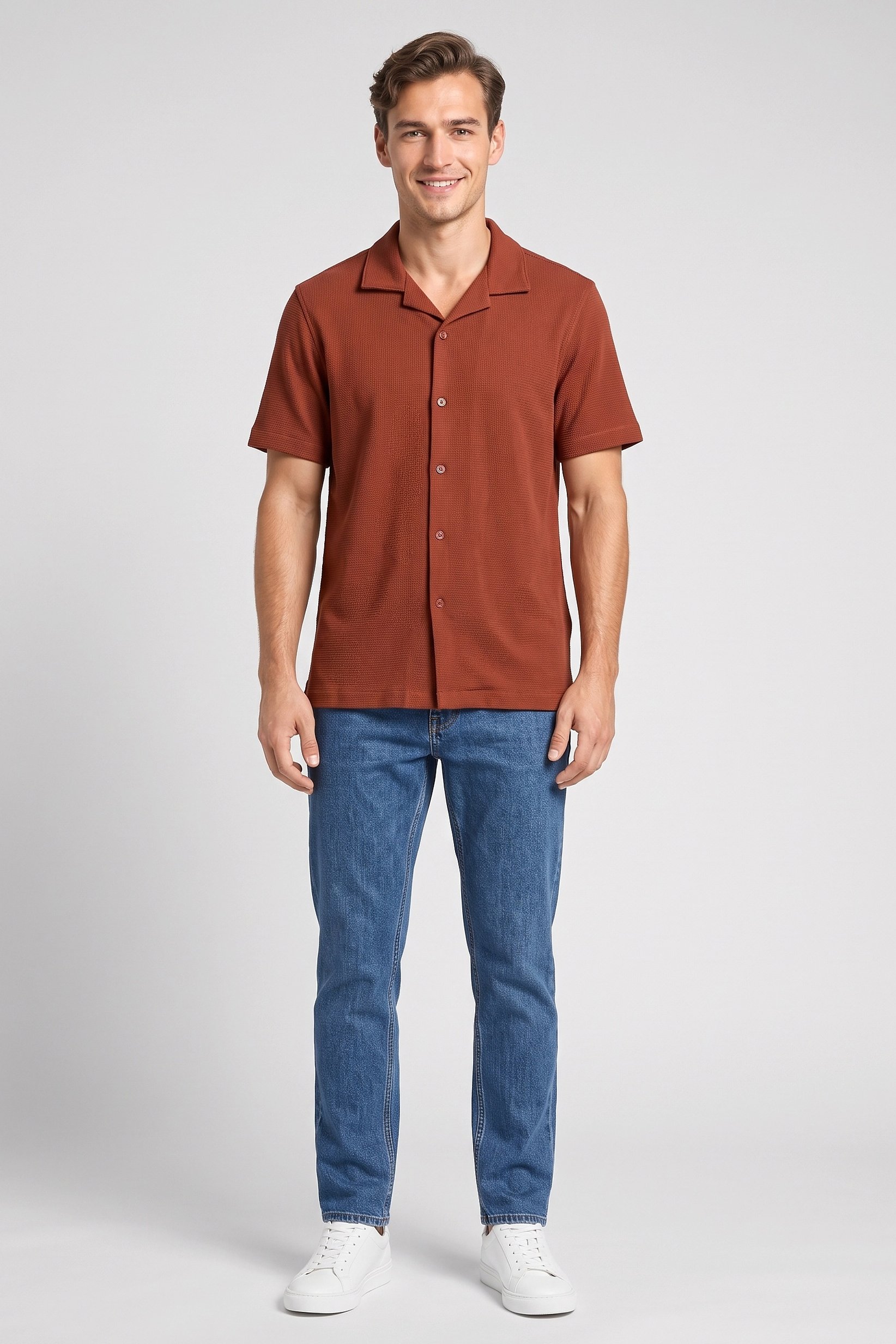 Men Regular Fit Solid Short Sleeve Casual Shirt, Rust